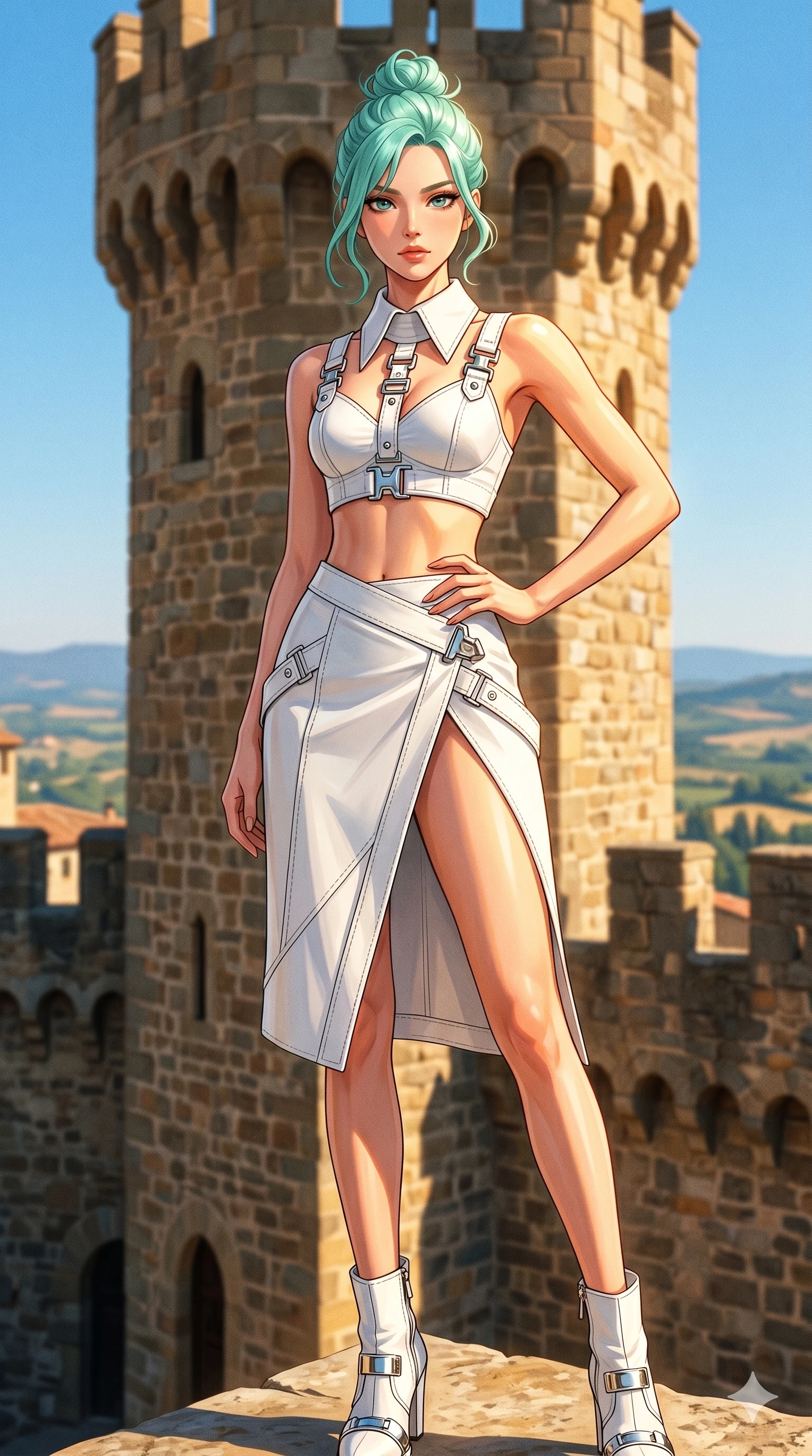 score_9, masterpiece, best quality, ultra-detailed, high-budget anime keyframe, editorial fashion photography, tasteful artistic composition, Japanese woman. cowboy shot from the thighs up, character and outfit filling the frame for maximum editorial presence. posing with bright, confident self-assurance, one hand on her hip standing on a high stone tower of a medieval wall. She has an absolutely perfect 8-heads proportion, an exceptionally tall and slender female figure with impossibly long slender legs and an ultra-slim waist. V-shaped jawline, high-bridge nose, intricate jewel-like eyes with depth, thick eyelashes, glossy lips with a natural sheen. wearing a structured white crop top with chrome hardware and high-slit wrap skirt. drenched in brilliant midday sunshine casting sharp, warm rays on her figure. 2k, ultra detail, master piece, 9:16 ratio
