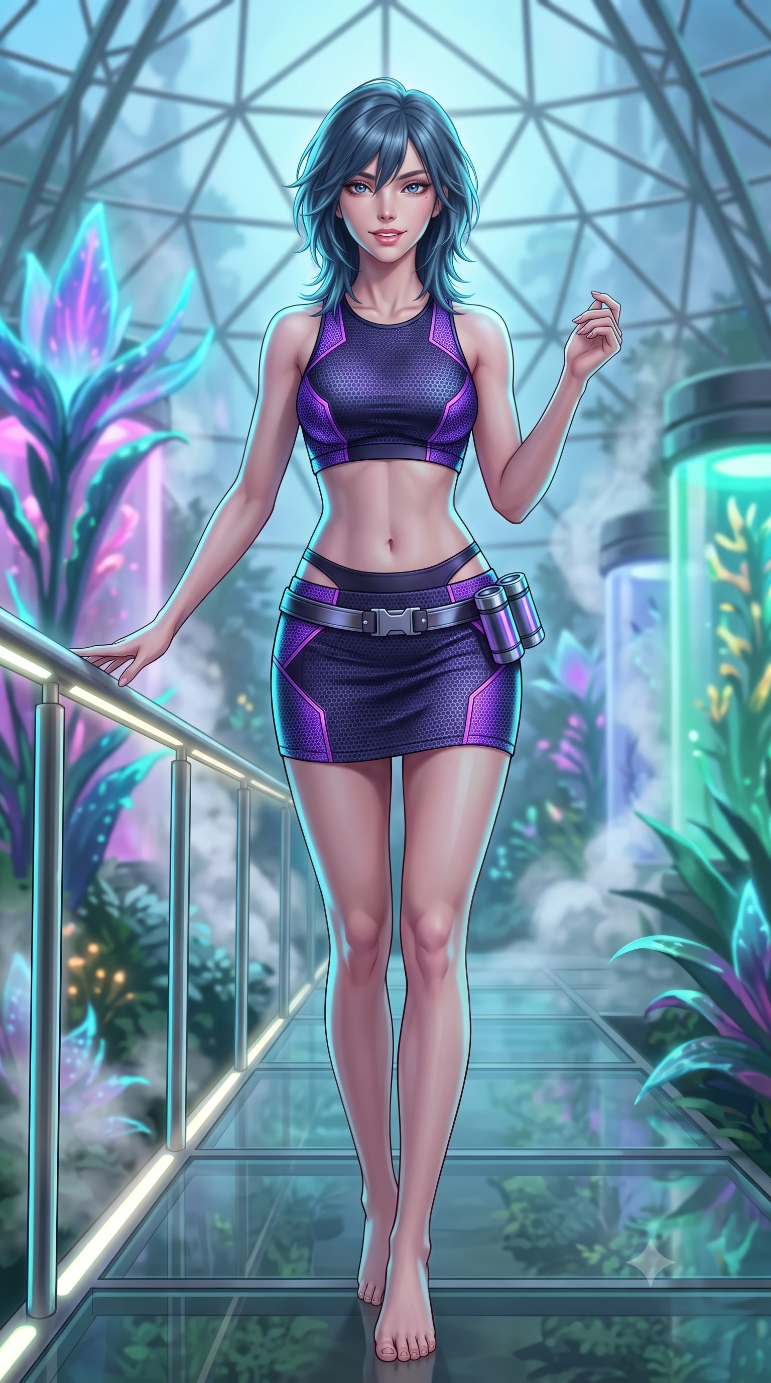 score_9, masterpiece, best quality, ultra-detailed, high-budget anime keyframe, semi-realistic 3D game render, editorial fashion photography, tasteful artistic composition, Caucasian woman. low angle full-body shot from head to toe showing her feet, filling the entire 9:16 vertical frame with her statuesque presence, stretching her vertical silhouette. standing in a tall, confident posture with one hand on a glowing metal railing, stretching her statuesque body as she arches her lower back to emphasize her sculpted feminine hips and slender waist while walking slowly down the glass catwalk surrounded by towering glowing neon flora, arching her back with an ethereal, sovereign expression. The background shows a soft-focus steaming nutrient aerosol vapors and soaring geodesic dome framework softened in sci-fi garden shallow focus. She has an absolutely perfect, statuesque 8.5-heads proportion, an exceptionally tall and slender model-like female figure with impossibly long slender legs, an ultra-slim waist, a flat toned midriff, narrow delicate ribcage, and beautifully sculpted feminine hips creating a graceful, slim hourglass silhouette without any bulky heaviness. sharp v-shaped jawline, high-bridge nose, intricate jewel-like sparkling eyes with depth, thick eyelashes, glossy parted lips with a natural sheen, bright confident smile with an enchanting and coquettish sensual glint, exuding both youthful magnetic charm and sovereign high-tech allure, flawlessly proportioned anatomical accuracy, strict slender model proportions, natural body alignment, perfectly sculpted long slender limbs, ultra-slim waistline, clean dynamic posture without body distortion. wearing a body-hugging modern carbon-alloy crop top paired with a low-rise tactical skirt and a subtle waist cut-out in neon electric violet and deep space obsidian, woven from delicate semi-opaque high-tensile nano-mesh with intricate hexagonal micro-patterns, accented with a sleek utility belt with polished magnetic canisters resting loosely on her curvy hips, the form-fitting tactical tailoring adhering flawlessly to her sculpted flat midriff and slender torso, emphasizing her long leg lines and perfectly proportioned willowy build. illuminated by nutrient tank glows and sharp cyan rim lights defining her sculpted collarbones, ultra-slim waist, and curvy hips. highly saturated vibrant anime colors, detailed shading with soft gradients, rich glossy textures, high-contrast stereoscopic depth, volumetric dynamic lighting, master piece, 9:16 ratio
