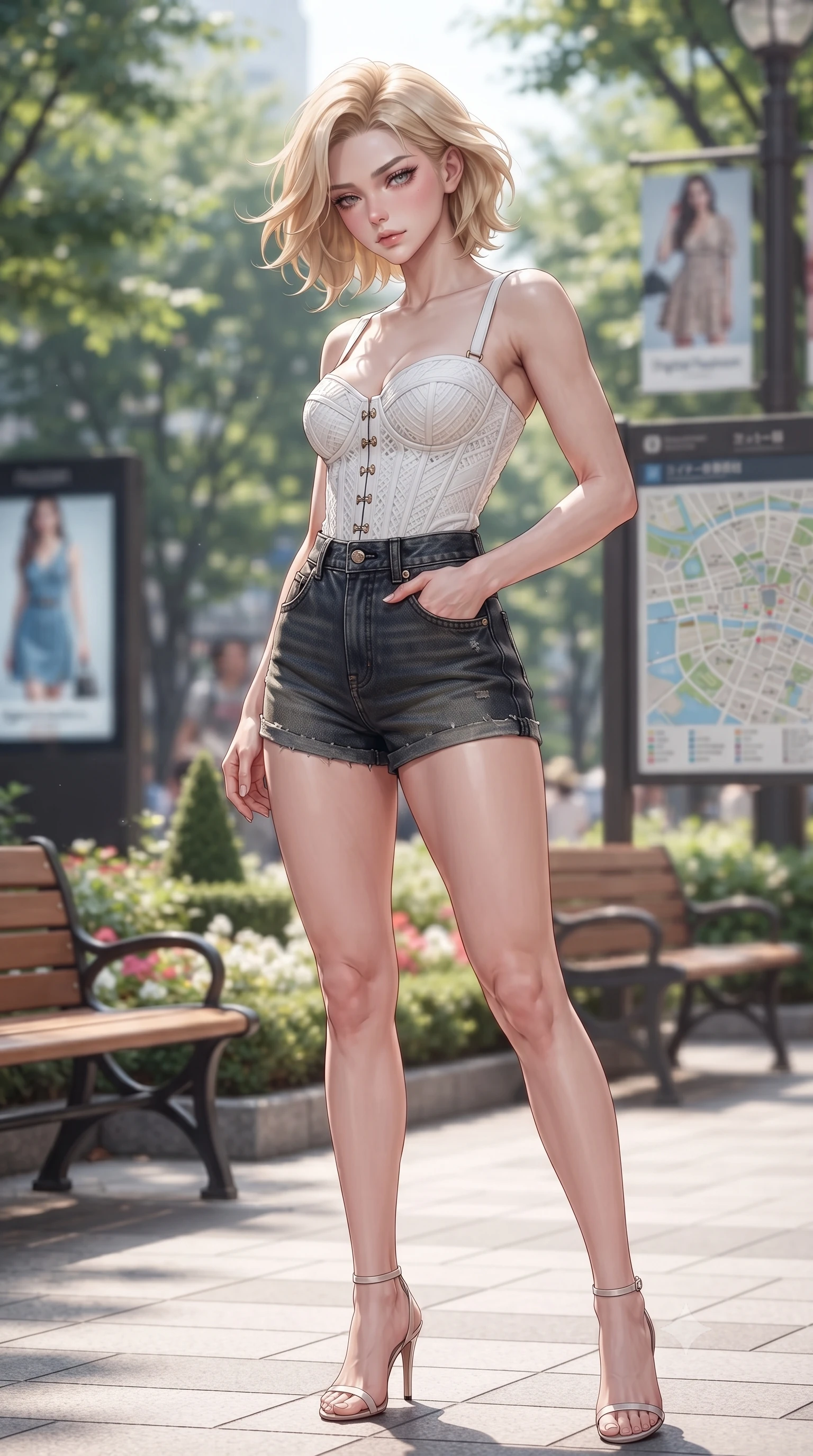 score_9, masterpiece, best quality, ultra-detailed, high-budget anime keyframe, editorial fashion photography, tasteful artistic composition, Caucasian woman. close-up cowboy shot from the waist and thighs up, the character dominates the composition, filling the frame with her large presence, background elements kept in soft focus. looking down at the camera beneath lowered lashes with a quiet, alluring confidence set against a soft-focus background of on a leafy shopping avenue with wooden benches and flower beds with a street map board and digital fashion advertisements in the background. She has an exceptionally elegant, slender, and willowy female figure with an ultra-slim waist, a gracefully sculpted slender torso, and a refined silhouette. sharp v-shaped jawline, high-bridge nose, intricate jewel-like eyes with depth, thick eyelashes, glossy lips with a natural sheen. wearing tailored tailored cotton bustier top paired with high-waist denim shorts. cool midday daylight creating a clean, high-key editorial look in the plaza. ultra-reflective glossy finish, specular highlights, metallic sheen, high-contrast stereoscopic depth, volumetric dynamic lighting, 2k, ultra detail, master piece, 9:16 ratio