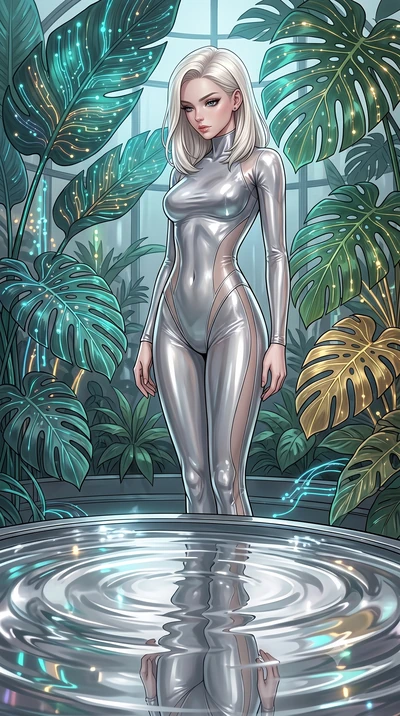 score_9, masterpiece, best quality, ultra-detailed, High-budget Anime Keyframe, Caucasian woman, strictly human ears. Low angle cowboy shot filling the entire 9:16 frame with her statuesque presence. Scenario 275: gazing at her reflection in a pool o