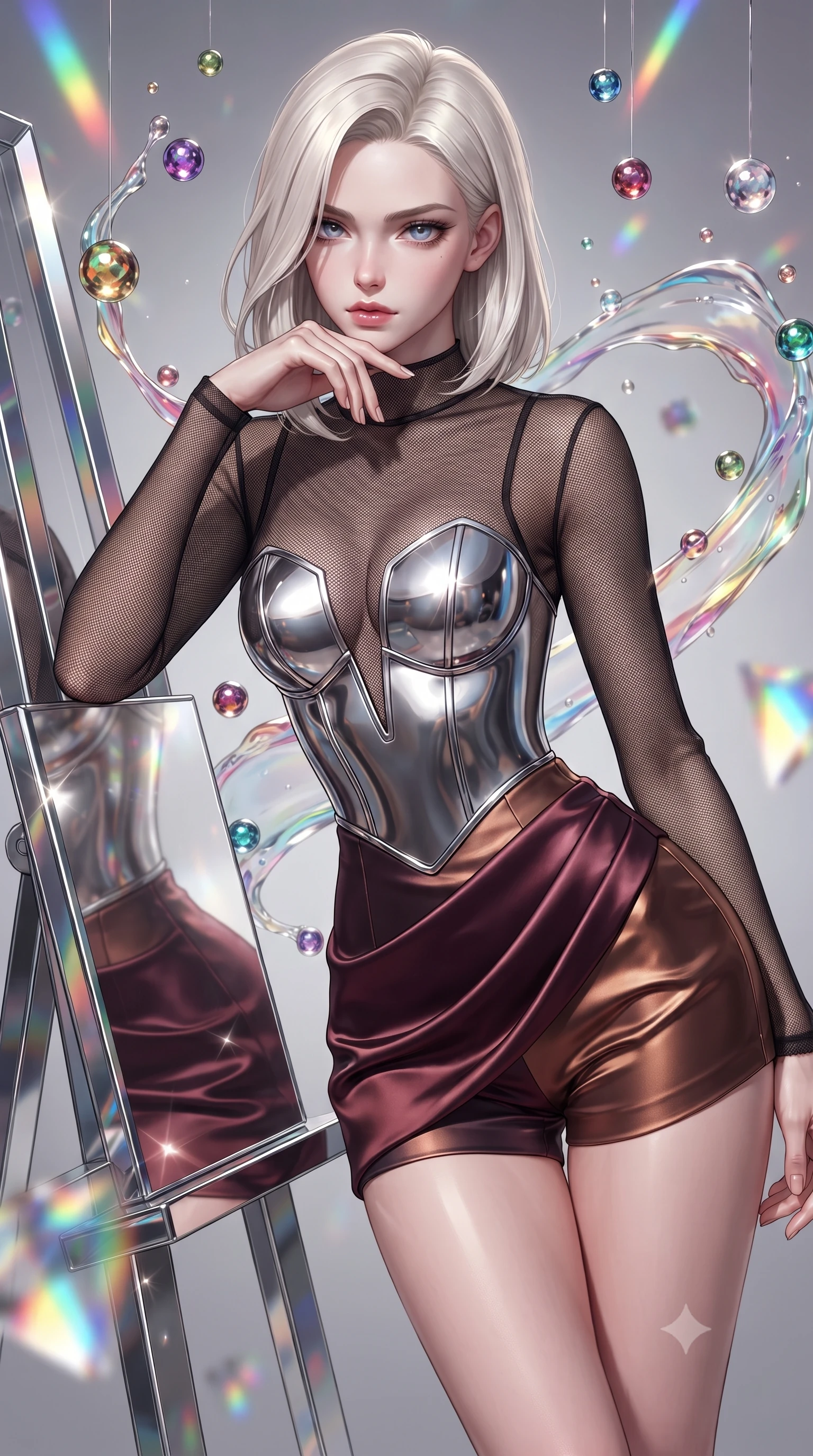 score_9, masterpiece, best quality, ultra-detailed, high-budget anime keyframe, editorial fashion photography, tasteful artistic composition, Caucasian woman. close-up cowboy shot from the waist and thighs up, the character dominates the composition, filling the frame with her large presence, background elements kept in soft focus. Resting her chin on the backs of her fingers, casting a sharp, mysterious gaze leaning against a mirrored easel surrounded by suspended pigment spheres, translucent liquid acrylic trails creating dynamic motion paths. She has an exceptionally elegant, slender, and willowy female figure with an ultra-slim waist, a gracefully sculpted slender torso, and a refined silhouette. sharp v-shaped jawline, high-bridge nose, intricate jewel-like eyes with depth, thick eyelashes, glossy lips with a natural sheen. wearing a chrome-plated structured bodice worn over a sheer mesh top and micro-shorts in deep burgundy and bronze, crafted from lustrous satin jersey with fluid draping, accented with a Tasteful chest slit framing her clavicle gracefully, the tailored fabric tightly following every curve of her athletic build. illuminated by brilliant multi-color rainbow light refracting through glass. ultra-reflective glossy finish, specular highlights, metallic sheen, high-contrast stereoscopic depth, volumetric dynamic lighting, 2k, ultra detail, master piece, 9:16 ratio