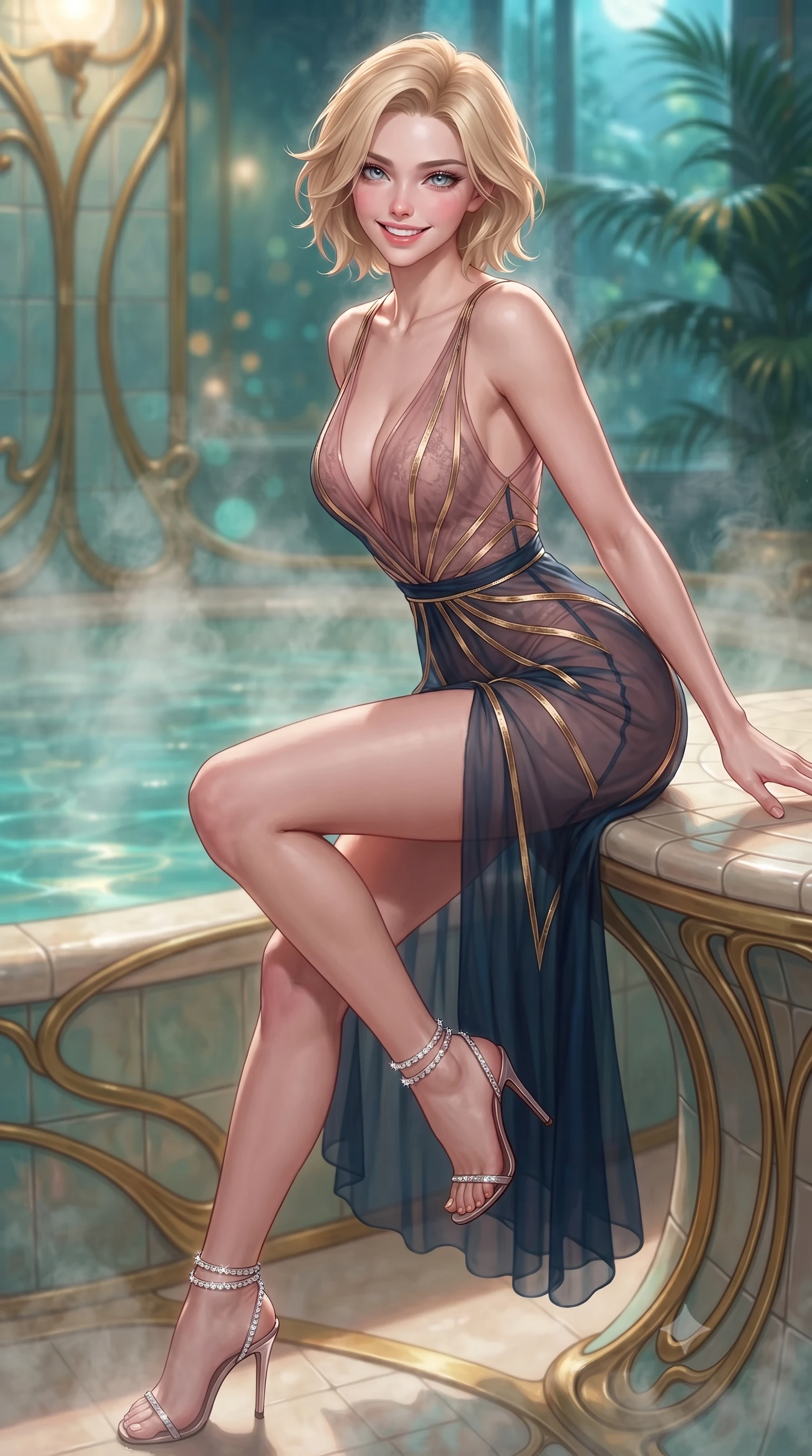 score_9, masterpiece, best quality, ultra-detailed, high-budget anime keyframe, editorial fashion photography, tasteful artistic composition, Caucasian woman. close-up cowboy shot from the waist and thighs up, the character dominates the composition, filling the frame with her large presence. perched sideways on the lounge seat, one knee drawn up to showcase her slender leg line while her arched back accentuates her feminine hip curve while leaning against the curving ceramic-tiled vanity with hips cocked back, looking through rising mineral steam with intoxicating bedroom-eyes. The background shows a soft-focus steaming bathwater surface caustics, sinuous gilded Art Nouveau whiplash curves on tiled walls, and moonlit greenhouse palms blurred into turquoise, gold, and jade bokeh. She has an exceptionally elegant, slender, and willowy female figure with an ultra-slim waist, flat toned midriff, narrow ribcage, and sculpted feminine hips creating an alluring, slim hourglass silhouette without bulk. sharp v-shaped jawline, high-bridge nose, intricate jewel-like sparkling eyes with depth, thick eyelashes, glossy parted lips with a natural peach sheen, bright cheerful beaming smile with an enchanting and coquettish sensual glint, exuding both youthful cute charm and seductive allure, flawlessly proportioned anatomical accuracy, strict slender model proportions, natural body alignment, perfectly sculpted long slender limbs, ultra-slim waistline, clean dynamic posture without body distortion. wearing a plunge-front sheer illusion tulle slip dress with liquid gold ribbon stripes hugging her curves in Brittany pink granite rose and deep Atlantic navy, made of sheer gossamer chiffon that drapes softly against skin with airy translucence, complemented by strappy stiletto sandals with crystal ankle wraps accentuating her slender calves, the liquid-tight tailored fabric clinging flawlessly to her narrow waist and rounded feminine hips, emphasizing every millimeter of her sculpted slim hourglass curves without any bulky heaviness. illuminated by water surface reflection bounce and sharp platinum-cyan rim lights sculpting her jawline, narrow waist, and curvy hips. ultra-reflective glossy finish, specular highlights, rich textural contrasts, high-contrast stereoscopic depth, volumetric dynamic lighting, 2k, ultra detail, master piece, 9:16 ratio