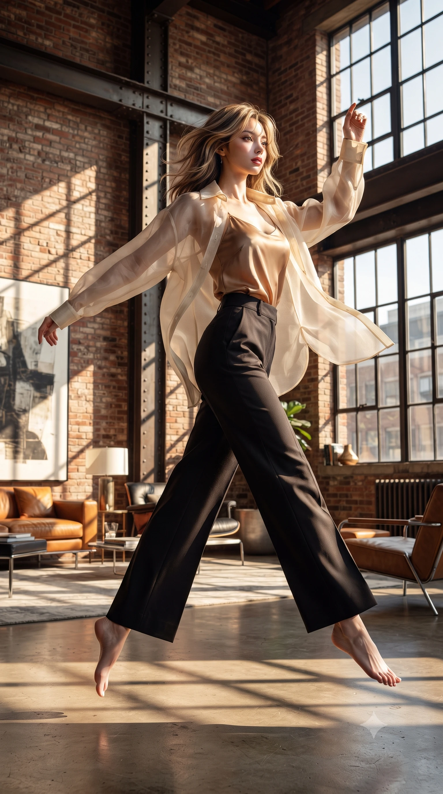 score_9, masterpiece, best quality, ultra-detailed, high-budget anime keyframe, editorial fashion photography, tasteful artistic composition, Korean woman. low angle full-body shot from head to toe showing her feet, filling the entire 9:16 vertical frame with her statuesque presence, stretching her vertical silhouette. leaping gracefully through a raw industrial space with exposed red brick walls riveted steel I-beams massive factory windows and polished concrete floors converted into a luxury living space with designer furniture and contemporary art. She has a statuesque 8.5-heads proportion, an exceptionally tall, slender and willowy model-like build with impossibly long legs and a highly sculpted ultra-slim waist. sharp v-shaped jawline, high-bridge nose, intricate jewel-like eyes with depth, thick eyelashes, glossy lips with a natural sheen. wearing a semi-transparent cream organza oversized shirt layered naturally over a tan-colored camisole top, paired with tailored trousers. strong directional afternoon light streaming through the massive multi-pane factory windows creating bold geometric shadow patterns on brick and concrete with warm industrial ambiance. 2k, ultra detail, master piece, 9:16 ratio