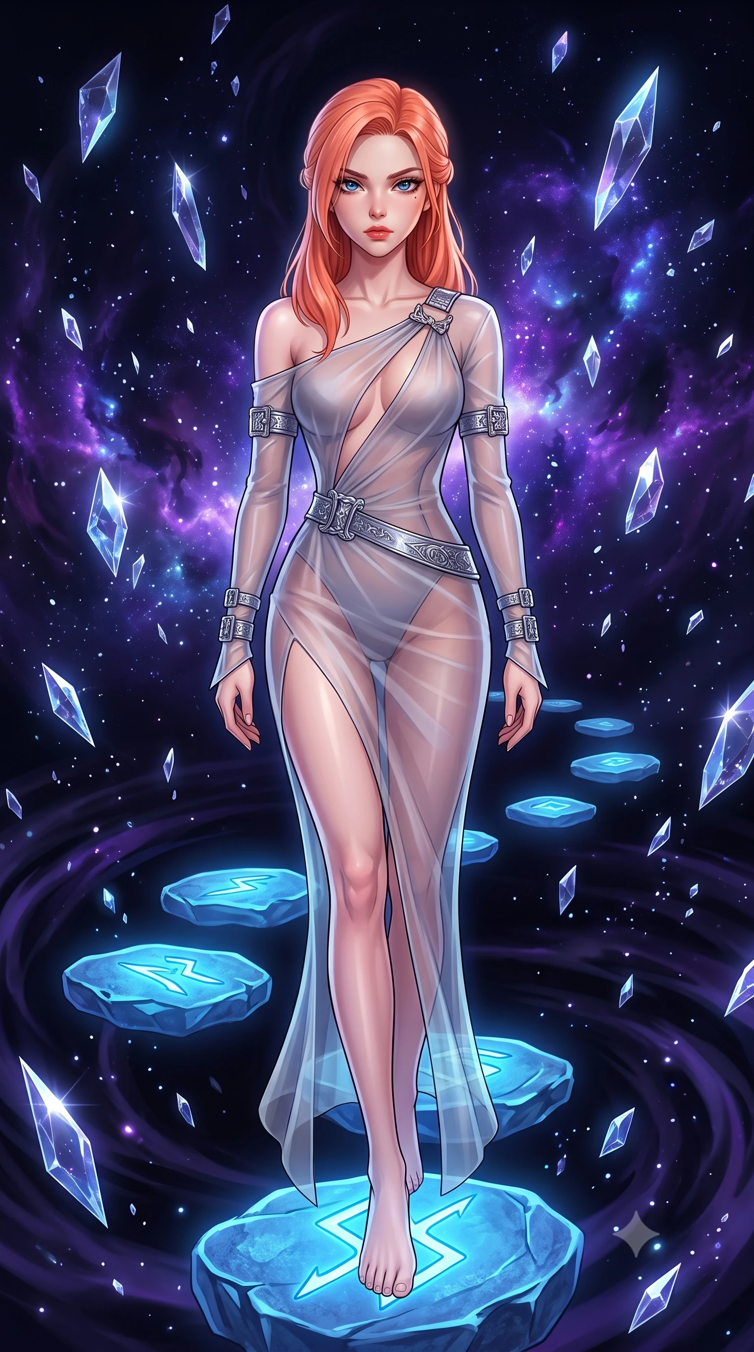 score_9, masterpiece, best quality, ultra-detailed, High-budget Anime Keyframe, East Asian woman. Low angle cowboy shot filling the entire 9:16 frame with her statuesque presence. Scenario 346: stepping across glowing azure stones in a dark void filled with floating crystal shards reflecting purple nebulae. Her presence is magnetic and overpowering in this high-budget anime scene. Outfit 346: a slim-fit sheer organza long with a low-cut shoulder and metallic buckles. The clothing is designed to emphasize her exceptionally tall and slender 8-heads proportion. 8-heads proportion, towering silhouette, ultra-slim waist. sharp v-shaped jawline, intricate jewel-like eyes with depth, thick eyelashes, glossy lips. 2k, ultra detail, master piece, 9:16 ratio