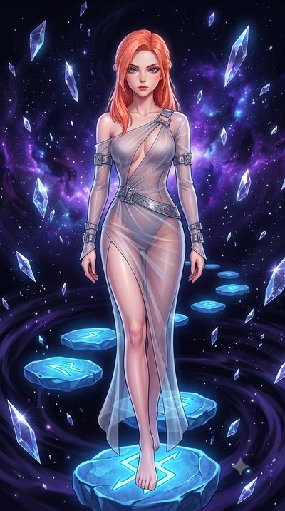 score_9, masterpiece, best quality, ultra-detailed, High-budget Anime Keyframe, East Asian woman. Low angle cowboy shot filling the entire 9:16 frame with her statuesque presence. Scenario 346: stepping across glowing azure stones in a dark void fill