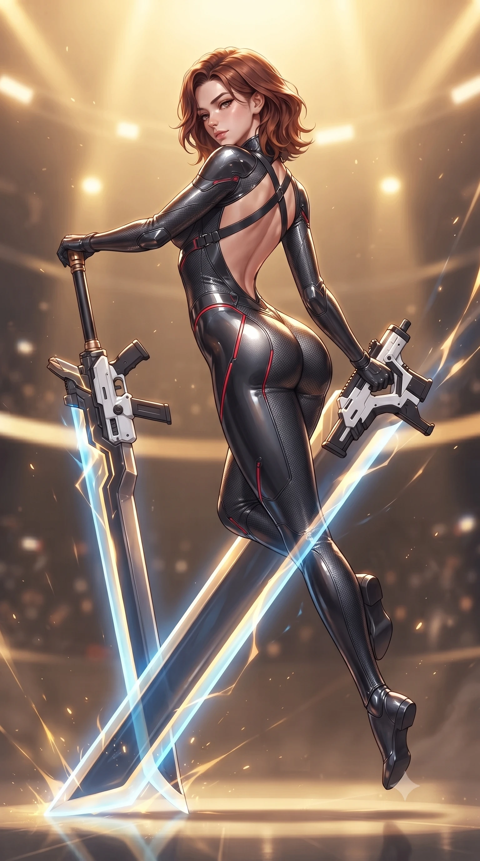 score_9, masterpiece, best quality, ultra-detailed, high-budget anime keyframe, editorial fashion photography, tasteful artistic composition, Korean woman. low angle full-body shot from head to toe showing her feet, filling the entire 9:16 vertical frame with her statuesque presence, stretching her vertical silhouette. arching her back gracefully in mid-air during a dynamic combat vault, her weapon energy trail framing her statuesque presence while pivoting dynamically as she plants the colossal greatsword tip into the ground, leaning on the hilt with sovereign poise. The surrounding environment is rendered in vivid detail and crisp panoramic clarity. sharp titanium crossguard engravings, arena holographic projector nodes, and armor plating seams in high clarity. She has an absolutely perfect, statuesque 8.5-heads proportion, an exceptionally tall and slender model-like female figure with impossibly long slender legs, a toned flat midriff, and an ultra-slim waist. sharp v-shaped jawline, high-bridge nose, intricate jewel-like eyes with depth, thick eyelashes, glossy lips with a natural sheen, flawlessly proportioned anatomical accuracy, strict slender model proportions, natural body alignment, perfectly sculpted long slender limbs, ultra-slim waistline, clean dynamic posture without body distortion. wearing a second-skin dark gunmetal carbon-weave battle-suit with crimson laser conduits, brandishing a sleek high-tech composite submachine weapon with effortless allure in monochrome white enamel carbon with high-contrast black panels, formed from high-gloss patent carbon-plating with specular chiaroscuro reflections, complemented by criss-cross back harness straps highlighting her completely bare spine, the glove-like aerodynamic second-skin fit tightly clinging to her ultra-slender waist and athletic curves without adding bulk, accentuating her razor-sharp statuesque lines and slim hourglass silhouette. bathed in warm golden arena searchlights and glowing greatsword energy channel radiance. ultra-reflective glossy finish, specular highlights, dark metallic sheen, high-contrast stereoscopic depth, volumetric dynamic lighting, 2k, ultra detail, master piece, 9:16 ratio