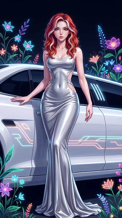 score_9, masterpiece, best quality, ultra-detailed, High-budget Anime Keyframe, Caucasian woman, strictly human ears. Low angle cowboy shot filling the entire 9:16 frame with her statuesque presence. Scenario 295: leaning against a sleek white hover-