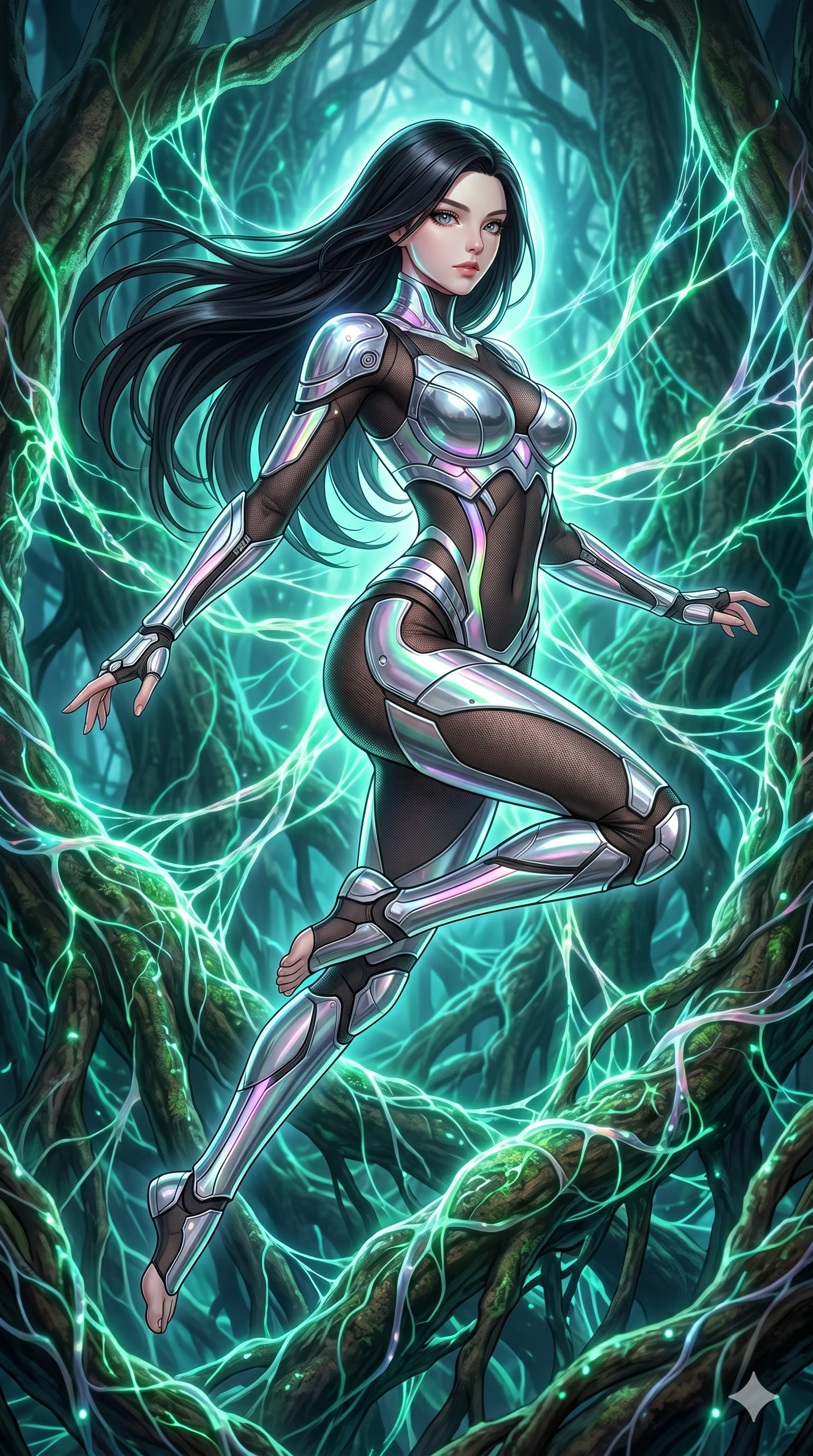 score_9, masterpiece, best quality, ultra-detailed, high-budget anime keyframe, Caucasian woman, strictly human ears. upper body close-up from the thighs up, character filling the screen for maximum presence. jumping amidst giant ancient tree roots wrapped in trillions of glowing mycelium threads pulsing with emerald and opal light. She has an absolutely perfect 8-heads proportion, an exceptionally tall and slender female figure with impossibly long slender legs and an ultra-slim waist. V-shaped jawline, high-bridge nose, intricate jewel-like eyes with depth, thick eyelashes, glossy lips with a natural sheen.. wearing a bionic chrome plate bodysuit, featuring silver chrome plates covering the bust and hips, connected by sheer black mesh panels. enhanced by a luminous pastel spectrum glow, casting elegant rim lights on her shoulders and jawline. 2k, ultra detail, master piece, 9:16 ratio