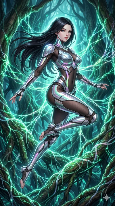 score_9, masterpiece, best quality, ultra-detailed, high-budget anime keyframe, Caucasian woman, strictly human ears. upper body close-up from the thighs up, character filling the screen for maximum presence. jumping amidst giant ancient tree roots w