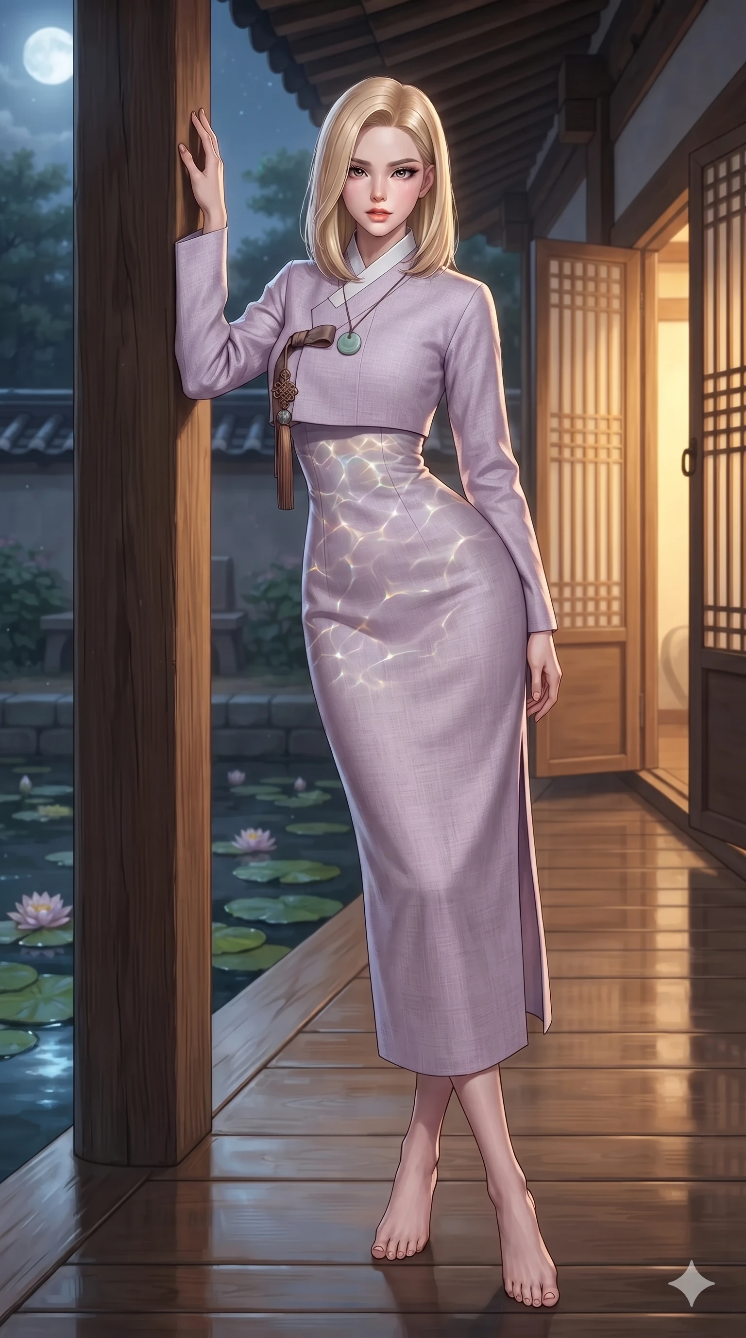 score_9, masterpiece, best quality, ultra-detailed, high-budget anime keyframe, editorial fashion photography, tasteful artistic composition, Korean woman. low angle full-body shot from head to toe showing her feet, filling the entire 9:16 vertical frame with her statuesque presence, stretching her vertical silhouette. standing tall beside the architectural column, one hand resting high while arching her lower back to emphasize her sculpted feminine hips and slender waist while twisting her slender torso in an alluring contrapposto stance, shimmering water refractions from the lotus pool dancing across her flat midriff. The surrounding environment is rendered in vivid detail and crisp panoramic clarity: sharp polished timber floor reflections, traditional norigae knot silk weave, and floating water lily pad contours in deep focus. She has an absolutely perfect, statuesque 8.5-heads proportion, an exceptionally tall and slender model-like female figure with impossibly long slender legs, an ultra-slim waist, a flat toned midriff, narrow delicate ribcage, and beautifully sculpted feminine hips creating a graceful, slim hourglass silhouette without any bulky heaviness. sharp v-shaped jawline, high-bridge nose, sparkling eyes with hypnotic seductive depth, thick curled eyelashes, glossy parted lips with a natural dewy peach sheen, alluring bedroom-eyes with an enchanting coquettish smile, exuding magnetic siren charisma and sophisticated glamour, flawlessly proportioned anatomical accuracy, strict slender model proportions, natural body alignment, perfectly sculpted long slender limbs, ultra-slim waistline, clean dynamic posture without body distortion. wearing a bespoke high-neck modernized hanbok coat dress with an architectural collar and silk norigae knot tie in vintage bronze patina and pale wisteria lilac, woven from bespoke Korean ramie fabric with crisp tactile slub texture, finished with a minimalist celadon porcelain pendant on a fine silk cord, the impeccably tailored cut draping gracefully along her slender figure with aristocratic eastern poise. bathed in soft celestial moonlight combined with warm golden light spilling through open veranda doors. ultra-reflective glossy finish, specular highlights, rich textural contrasts, high-contrast stereoscopic depth, volumetric dynamic lighting, 2k, ultra detail, master piece, 9:16 ratio
