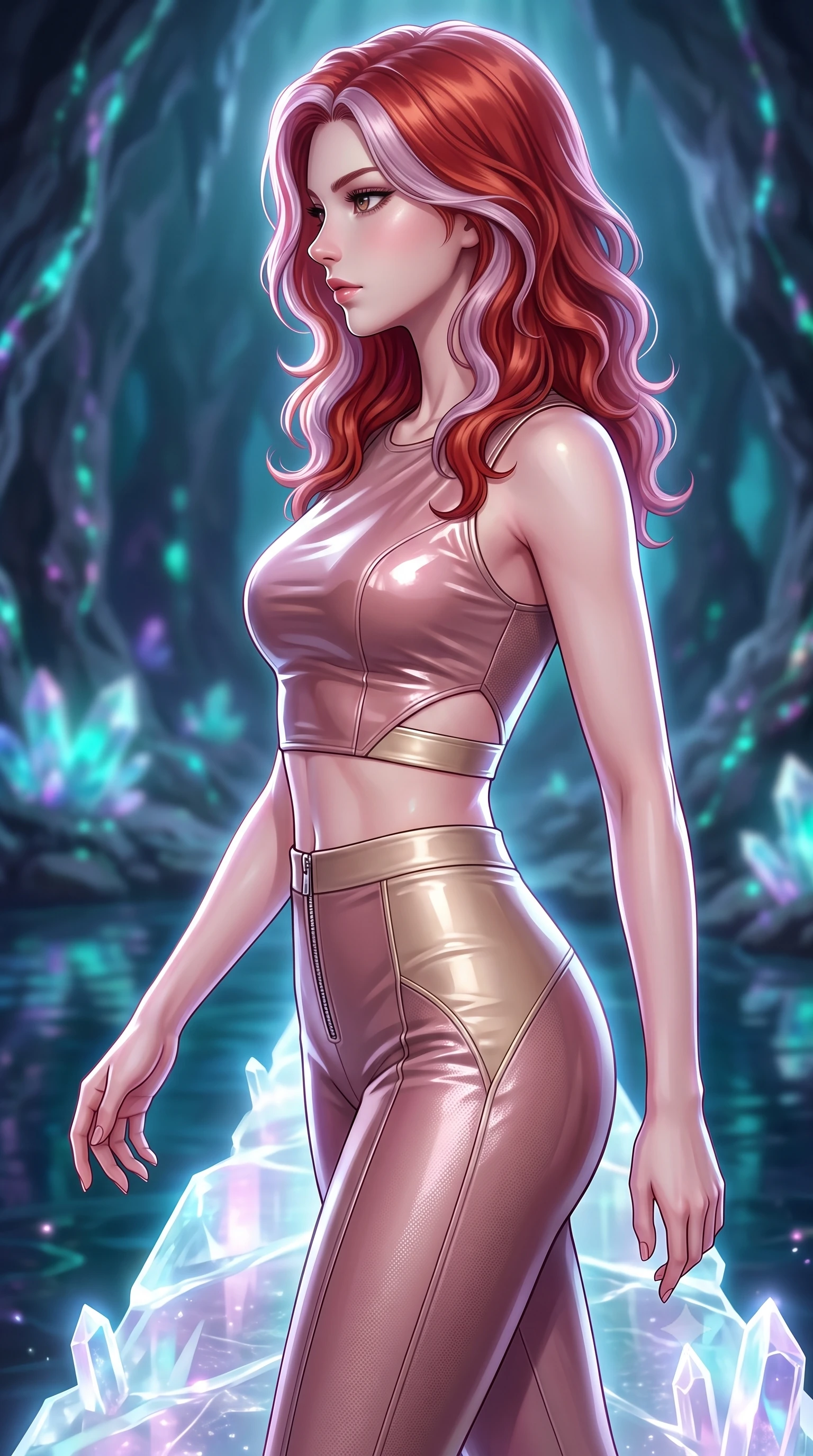 score_9, masterpiece, best quality, ultra-detailed, high-budget anime keyframe, editorial fashion photography, tasteful artistic composition, Caucasian woman. close-up cowboy shot from the waist and thighs up, the character dominates the composition, filling the frame with her large presence, background elements kept in soft focus. Turning her face in sharp dramatic profile against the bright light, showcasing her sharp v-shaped jawline stepping along a glowing quartz crystal bridge over a subterranean mirror lake, bioluminescent opal veins pulsing softly in the surrounding stone walls. She has an exceptionally elegant, slender, and willowy female figure with an ultra-slim waist, a gracefully sculpted slender torso, and a refined silhouette. sharp v-shaped jawline, high-bridge nose, intricate jewel-like eyes with depth, thick eyelashes, glossy lips with a natural sheen. wearing a glossy vinyl crop top and high-waist tailored leggings with sleek zippers in dusty rose and champagne gold, made of fine carbon-fiber weave and soft matte leather, featuring subtle geometric cutouts that highlight her ultra-slim midriff, the elegant draped fit framing her graceful clavicle and slender torso. surrounded by a cool jewel-toned luminescence with bright specular rim lights. highly saturated vibrant anime colors, detailed shading with soft gradients, rich glossy textures, high-contrast stereoscopic depth, volumetric dynamic lighting, master piece, 9:16 ratio