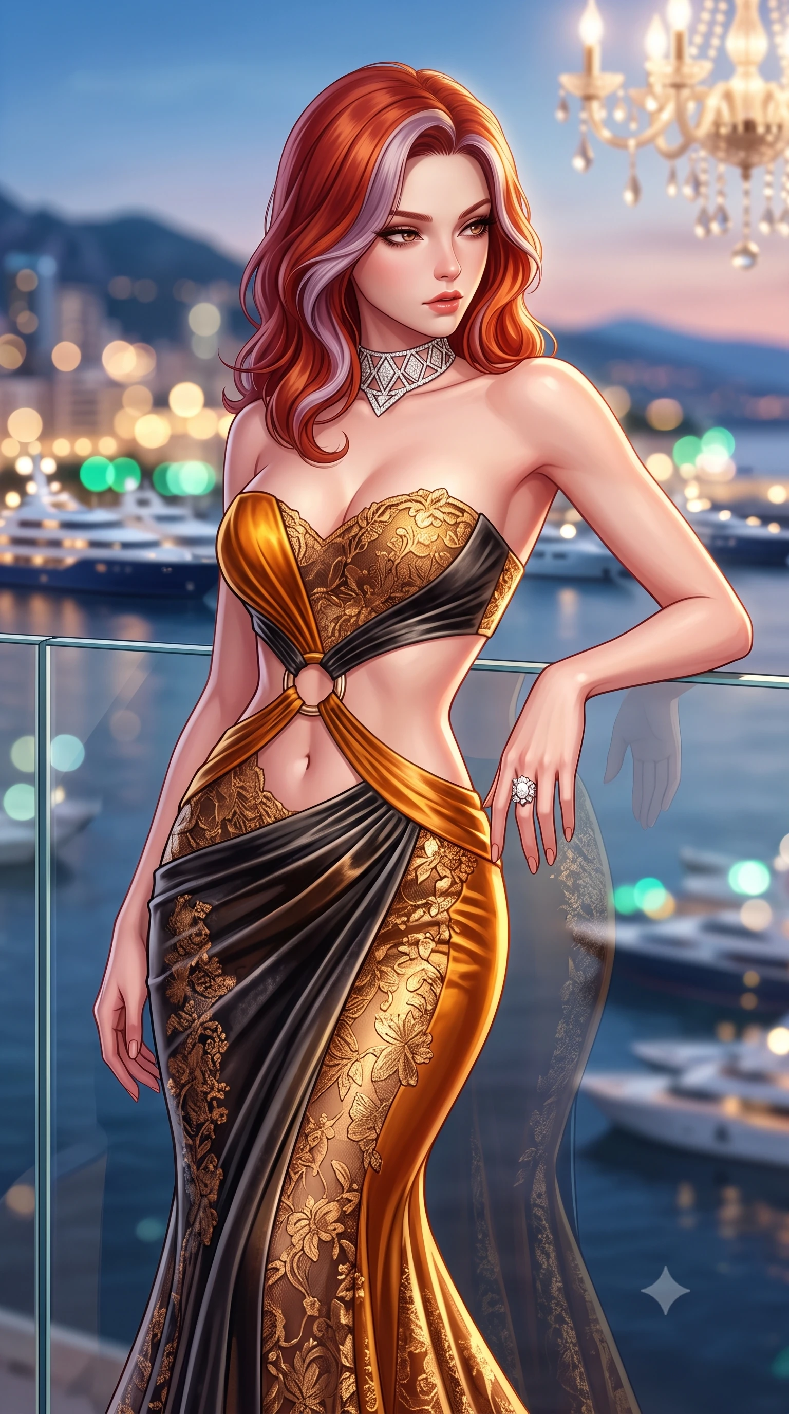 score_9, masterpiece, best quality, ultra-detailed, high-budget anime keyframe, semi-realistic 3D game render, editorial fashion photography, tasteful artistic composition, Caucasian woman. close-up cowboy shot from the waist and thighs up, the character dominates the composition, filling the frame with her large presence. twisting her slender torso in a deep contrapposto stance, hips dramatically shifted to accentuate her feminine curves while looking past her shoulder with smoldering bedroom-eyes while leaning against the glass penthouse terrace balustrade overlooking Monaco harbor, hips cocked back in a seductive high-fashion stance. The composition keeps background elements in soft focus with creamy bokeh. glittering Monaco harbor superyacht lights and casino chandeliers blurred into champagne-gold, emerald, and sapphire bokeh. She has an exceptionally elegant, slender, and willowy female figure with an ultra-slim waist, a gracefully sculpted slender torso, toned flat midriff, and rounded feminine hips creating an alluring hourglass silhouette. sharp v-shaped jawline, high-bridge nose, intricate jewel-like eyes with depth, thick eyelashes, glossy parted lips with a natural sheen, intensely captivating and seductive bedroom-eyes expression, flawlessly proportioned anatomical accuracy, strict slender model proportions, natural body alignment, perfectly sculpted long slender limbs, ultra-slim waistline, clean dynamic posture without body distortion. wearing a sculptured strapless velvet evening gown with an open-waist ring cutout and body-hugging mermaid silhouette in molten amber-gold and dark gunmetal, formed from shimmering floral lace over smooth opaque silk lining, complemented by a bold geometric diamond choker and glittering cocktail ring, the second-skin form-contouring cut accentuating her sculpted flat midriff, narrow waistline, and dramatically curvy hips without adding bulk. surrounded by an elite, intoxicating, and irresistibly glamorous Monte Carlo heiress aura. highly saturated vibrant anime colors, detailed shading with soft gradients, rich glossy textures, high-contrast stereoscopic depth, volumetric dynamic lighting, master piece, 9:16 ratio