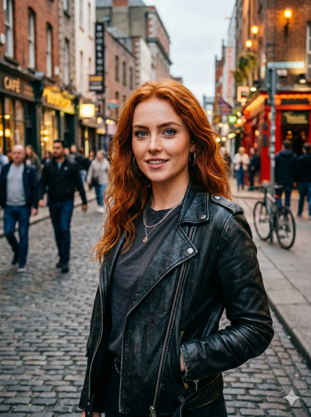 A gorgeous girl with vibrant red hair and intense blue eyes, wearing a leather jacket, urban street photography style, 2k, ultra detail, master piece, 3:4 ratio