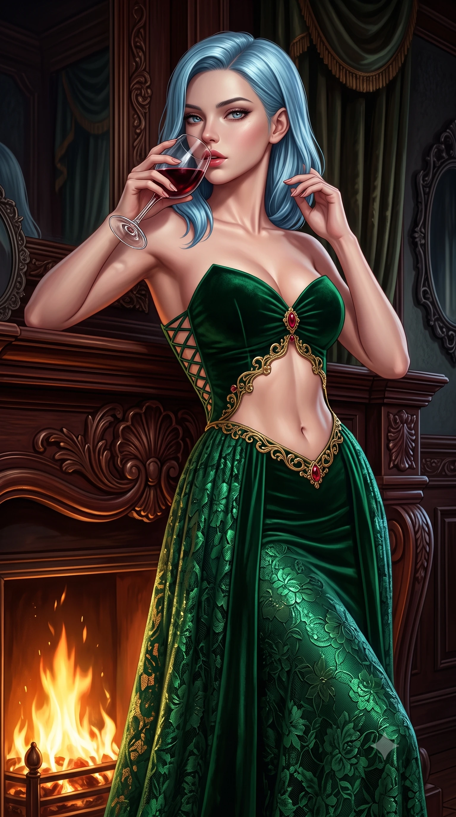 score_9, masterpiece, best quality, ultra-detailed, high-budget anime keyframe, semi-realistic 3D game render, editorial fashion photography, tasteful artistic composition, Korean woman. close-up cowboy shot from the waist and thighs up, the character dominates the composition, filling the frame with her large presence. leaning back with relaxed seductive grace, her sculpted collarbones highlighted by light, casting smoldering bedroom-eyes directly into the lens while leaning back against the carved mahogany mantelpiece with hips cocked, holding a crystal goblet of deep red wine to her lips. The surrounding environment is rendered in vivid detail and crisp panoramic clarity. deep moody chiaroscuro and decadent Victorian vampire sanctuary aesthetics captured with precision. She has an exceptionally elegant, slender, and willowy female figure with an ultra-slim waist, a gracefully sculpted slender torso, toned flat midriff, and a refined slim silhouette. sharp v-shaped jawline, high-bridge nose, intricate jewel-like eyes with depth, thick eyelashes, glossy parted lips with a natural sheen, intensely captivating and seductive expression, flawlessly proportioned anatomical accuracy, strict slender model proportions, natural body alignment, perfectly sculpted long slender limbs, ultra-slim waistline, clean dynamic posture without body distortion. wearing a deep sweetheart neckline velvet ballgown with an exposed midriff cutout framed by ruby clasps in antique emerald velvet and gold filigree, formed from shimmering floral lace over smooth opaque silk lining, accented with criss-cross corset back lacing highlighting her graceful shoulder blades, the dramatically scooped open back descending to the base of her spine, accentuating her razor-sharp statuesque lines and slim hourglass silhouette. illuminated by rich directional firelight sculpting every feminine curve of her slender silhouette. highly saturated vibrant anime colors, detailed shading with soft gradients, rich glossy textures, high-contrast stereoscopic depth, volumetric dynamic lighting, master piece, 9:16 ratio
