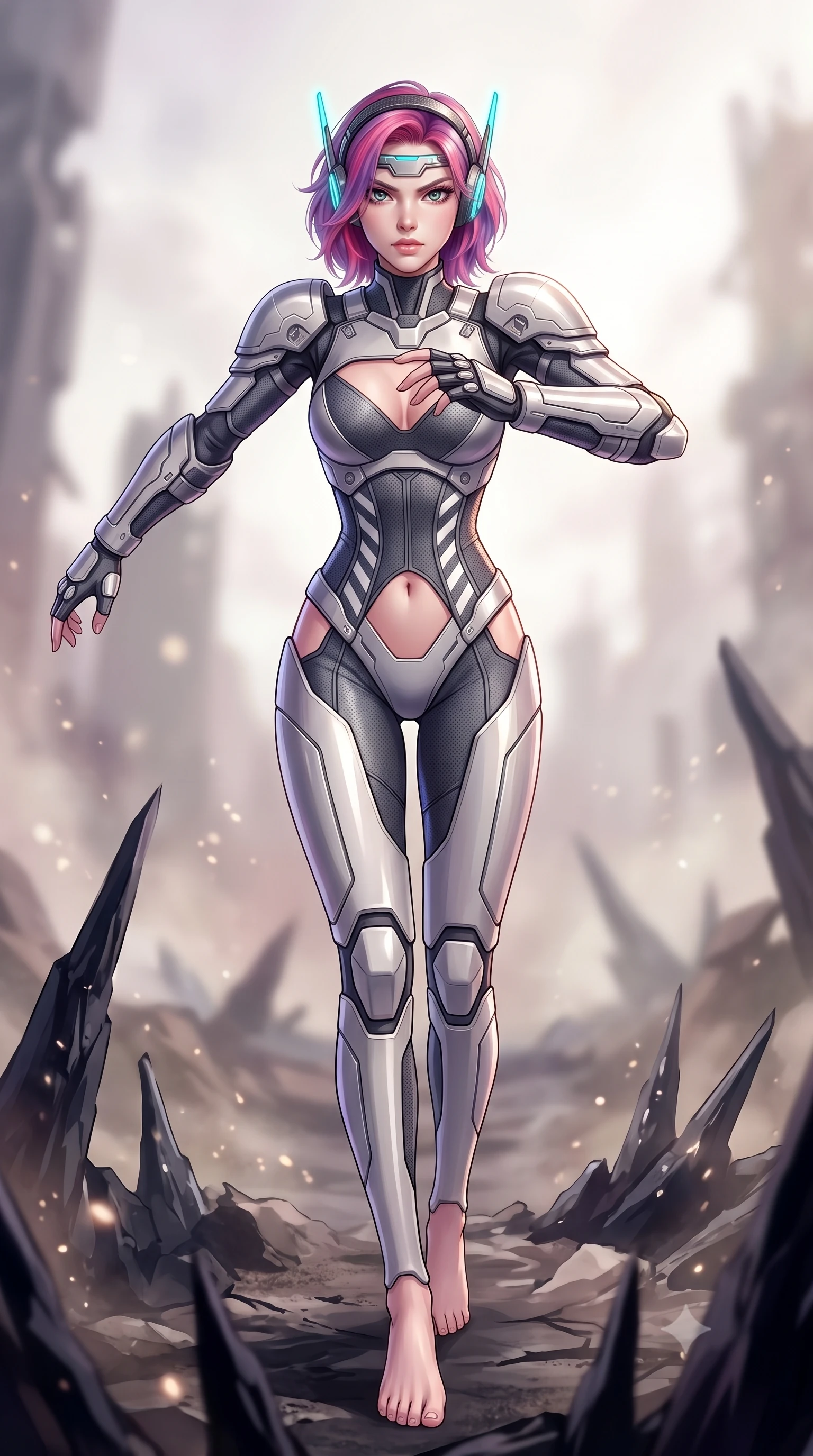 score_9, masterpiece, best quality, ultra-detailed, high-budget anime keyframe, semi-realistic 3D game render, editorial fashion photography, tasteful artistic composition, Caucasian woman. low angle full-body shot from head to toe showing her feet, filling the entire 9:16 vertical frame with her statuesque presence, stretching her vertical silhouette. striding forward with sovereign warrior elegance in a low, predatory combat advance through the ruins, hips swaying with fierce athletic poise while arching her spine in a fluid motion as she parries an unseen shockwave with her reinforced kinetic forearm bracers. The composition keeps background elements in soft focus with creamy bokeh. jagged obsidian spires and barren wasteland craters softened in dreamy atmospheric depth. She has an absolutely perfect, statuesque 8.5-heads proportion, an exceptionally tall and slender model-like female figure with impossibly long slender legs, a toned flat midriff, and an ultra-slim waist. sharp v-shaped jawline, high-bridge nose, intricate jewel-like eyes with depth, thick eyelashes, glossy lips with a natural sheen, fierce and resolute heroine expression, flawlessly proportioned anatomical accuracy, strict slender model proportions, natural body alignment, perfectly sculpted long slender limbs, ultra-slim waistline, clean dynamic posture without body distortion. wearing a lightweight carbon-fiber tactical sensory headpiece with glowing cyan ear-antennae and an ultra-thin forehead HUD brow-band, paired with a statuesque high-fashion cyber-warrior armor suit with platinum bevels, heavy articulated shoulder guards, and an ultra-slim waist-cinching corset in storm-grey carbon mesh with high-contrast white hazard stripes, tailored from flexible second-skin ballistic carbon-mesh adhering flawlessly to her athletic build, detailed with kinetic shock-dampening knuckle guards and polished chrome connection joints, the precision-cut daring openings accentuating her delicate midriff, graceful bare collarbones, and ultra-slim feminine waistline. illuminated by crisp white key light with sharp specular highlights tracing her ultra-slim waist and long legs. rich saturated anime colors with glowing neon highlights, detailed shading with soft gradients, rich glossy textures, high-contrast stereoscopic depth, volumetric dynamic lighting, master piece, 9:16 ratio