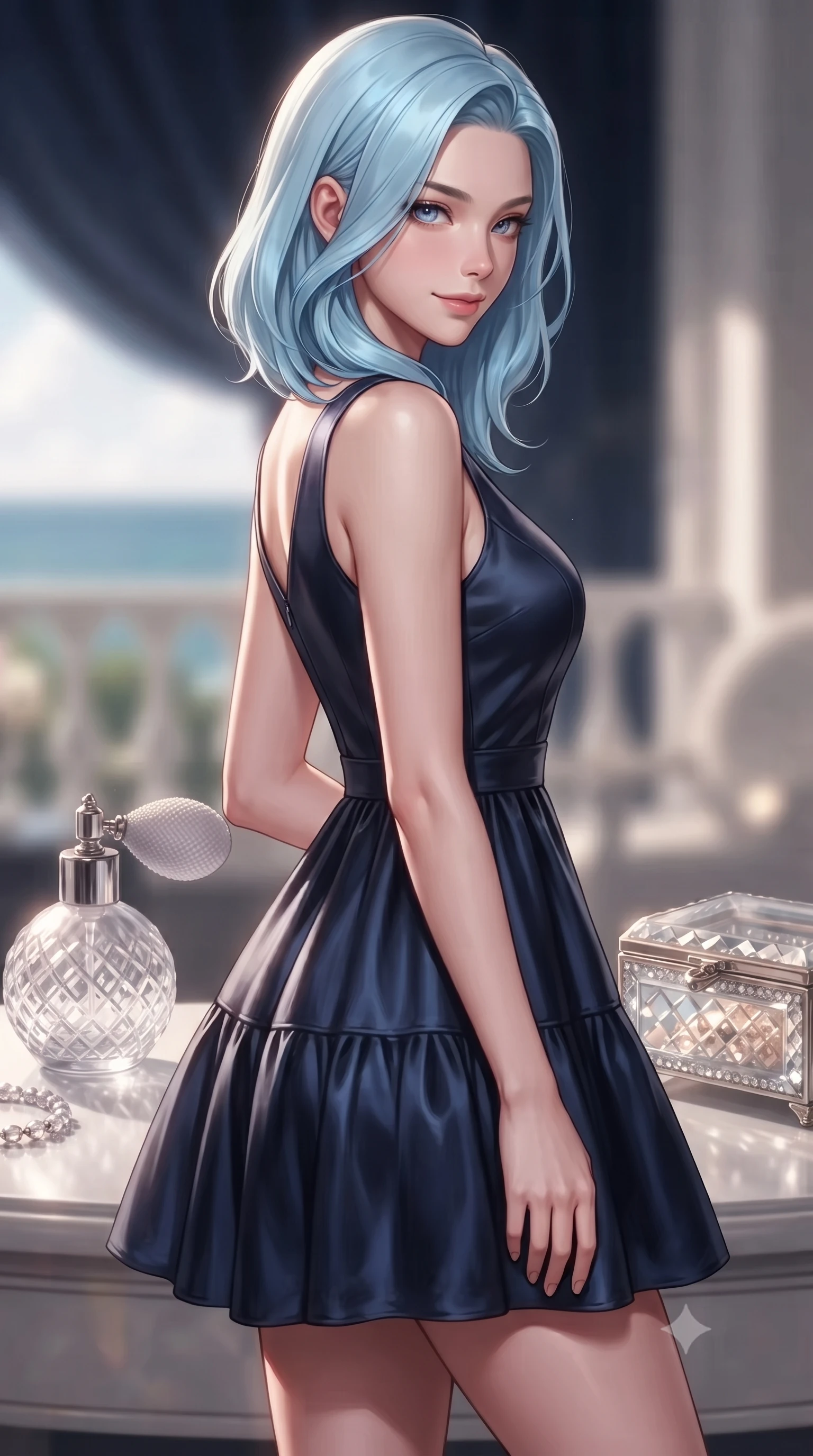 score_9, masterpiece, best quality, ultra-detailed, high-budget anime keyframe, editorial fashion photography, tasteful artistic composition, Korean woman. close-up cowboy shot from the waist and thighs up, the character dominates the composition, filling the frame with her large presence, background elements kept in soft focus. glancing sidelong over her shoulder with an intoxicating, lingering stare and a subtle, knowing smile set against a soft-focus background of inside an exclusive coastal veranda with a vintage perfume atomizer and crystal jewelry box reflecting soft light. She has an exceptionally elegant, slender, and willowy female figure with an ultra-slim waist, a gracefully sculpted slender torso, and a refined silhouette. sharp v-shaped jawline, high-bridge nose, intricate jewel-like eyes with depth, thick eyelashes, glossy lips with a natural sheen. wearing tailored midnight navy liquid satin flowy linen sundress with a comfortable tiered skirt silhouette featuring refined tailored seams. accented by a single dramatic key light highlighting her statuesque posture and slim waist. highly saturated vibrant anime colors, detailed shading with soft gradients, rich glossy textures, high-contrast stereoscopic depth, volumetric dynamic lighting, master piece, 9:16 ratio