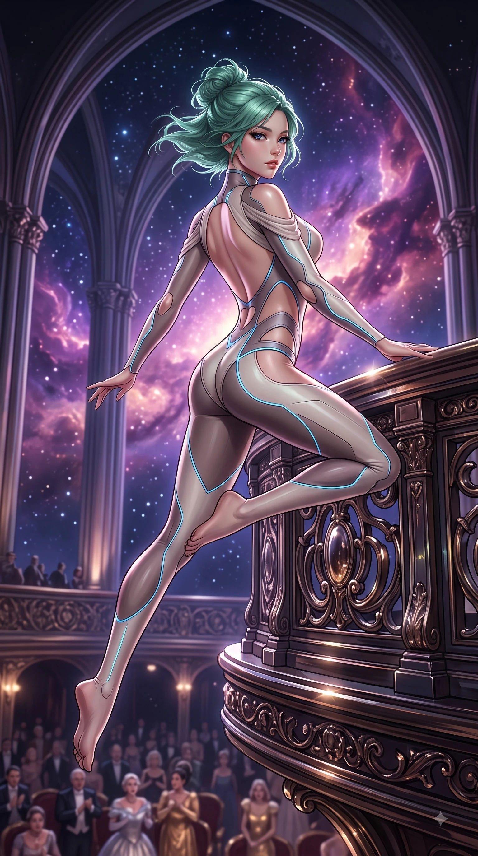 score_9, masterpiece, best quality, ultra-detailed, high-budget anime keyframe, editorial fashion photography, tasteful artistic composition, Japanese woman. low angle full-body shot from head to toe showing her feet, filling the entire 9:16 vertical frame with her statuesque presence, stretching her vertical silhouette. leaping gracefully through mid-air with statuesque elegance, her impossibly long slender legs stretched in perfect balance while pivoting dynamically on an opera balcony as deep space starlight illuminates her bare back, vivid purple and rose-gold nebula clouds glowing through monumental cathedral arches. She has an absolutely perfect, statuesque 8.5-heads proportion, an exceptionally tall and slender model-like female figure with impossibly long slender legs and an ultra-slim waist. sharp v-shaped jawline, high-bridge nose, intricate jewel-like eyes with depth, thick eyelashes, glossy lips with a natural sheen, flawlessly proportioned anatomical accuracy, natural body alignment, perfectly sculpted elegant limbs, clean dynamic posture without body distortion. wearing a skin-tight cybernetic bodysuit with glowing neon seams and side cutouts in muted taupe and soft ivory, formed from sleek second-skin neoprene, featuring subtle geometric cutouts that highlight her ultra-slim midriff, the elegant draped fit framing her graceful clavicle and slender torso. surrounded by an opulent, dramatic opera box atmosphere with deep chiaroscuro. ultra-reflective glossy finish, specular highlights, metallic sheen, high-contrast stereoscopic depth, volumetric dynamic lighting, 2k, ultra detail, master piece, 9:16 ratio