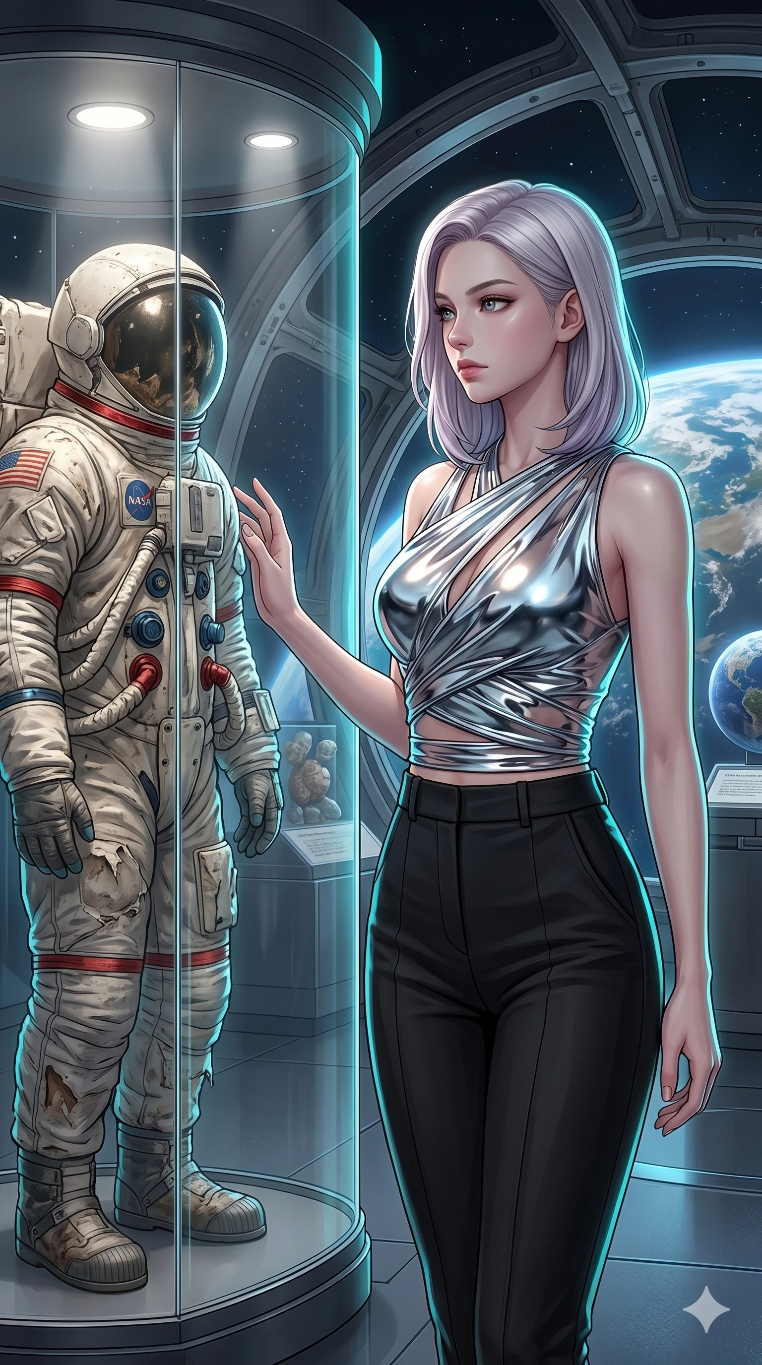 score_9, masterpiece, best quality, ultra-detailed, high-budget anime keyframe, editorial fashion photography, tasteful artistic composition, Caucasian woman, strictly human ears. Upper body close-up from the thighs up, character filling the screen for maximum presence. Standing in an orbital museum, next to an old astronaut suit, looking at the suit with a reflective, serene expression. She is wearing an asymmetrical wrap top in liquid-chrome finish and high-waisted pants. The scene is lit by soft white spotlights on the exhibit and a cyan rim light. 2k, ultra detail, master piece, 9:16 ratio