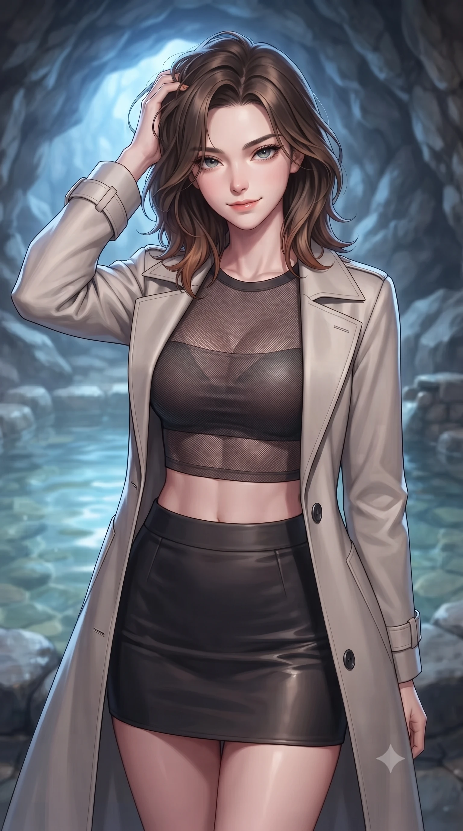 score_9, masterpiece, best quality, ultra-detailed, high-budget anime keyframe, editorial fashion photography, tasteful artistic composition, Korean woman woman. close-up cowboy shot from the waist and thighs up, the character dominates the composition, filling the frame with her large presence, background elements kept in soft focus. smiling with quiet, magnetic self-assurance directly into the camera, running a hand through her hair the background shows a soft-focus a private stone bath pool built inside a natural rock cave with clear mineral water. She has an exceptionally elegant, slender, and willowy female figure with an ultra-slim waist, a gracefully sculpted slender torso, and a refined silhouette. sharp v-shaped jawline, high-bridge nose, intricate jewel-like eyes with depth, thick eyelashes, glossy lips with a natural sheen. wearing a body-hugging semi-opaque dark mesh crop top paired with a mini skirt, layered with a tailored light trench coat. soft blue light reflecting from the pool water onto the rocky cave ceiling. ultra-reflective glossy finish, specular highlights, metallic sheen, high-contrast stereoscopic depth, volumetric dynamic lighting, 2k, ultra detail, master piece, 9:16 ratio
