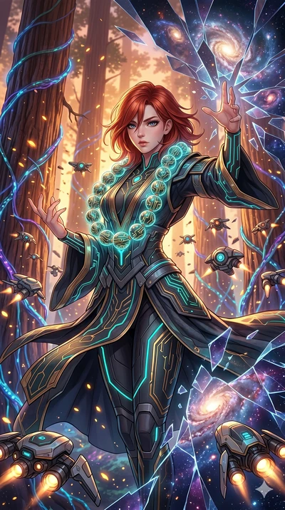 score_9, masterpiece, best quality, ultra-detailed, Set A: High-budget Anime Keyframe, Caucasian (human ears) woman. Upper body close-up from the thighs up, character filling the screen for maximum presence. Theme: Abstract Cosmic. shattering the fab
