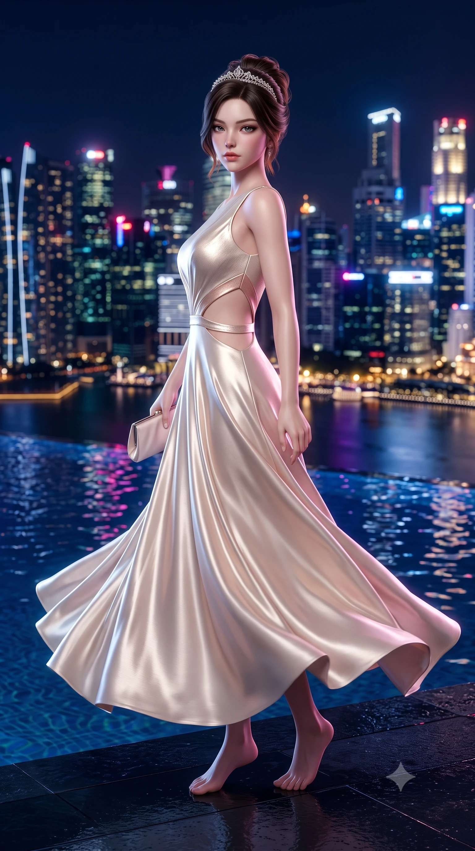score_9, masterpiece, best quality, ultra-detailed, high-budget anime keyframe, semi-realistic 3D game render, editorial fashion photography, tasteful artistic composition, Korean woman. low angle full-body shot from head to toe showing her feet, filling the entire 9:16 vertical frame with her statuesque presence, stretching her vertical silhouette. executing an elegant mid-motion spin with effortless grace, her garments fluttering softly around her ultra-slim waistline while pivoting gracefully beside an infinity pool as midnight city lights shimmer across the water's surface. The composition keeps background elements in soft focus with creamy bokeh. dazzling skyscraper metropolis light clusters and starry night skies blurred into deep sapphire, magenta, and gold bokeh. She has an absolutely perfect, statuesque 8.5-heads proportion, an exceptionally tall and slender model-like female figure with impossibly long slender legs, a toned flat midriff, and an ultra-slim waist. sharp v-shaped jawline, high-bridge nose, intricate jewel-like eyes with depth, thick eyelashes, glossy lips with a natural sheen, captivating and magnetic expression, flawlessly proportioned anatomical accuracy, strict slender model proportions, natural body alignment, perfectly sculpted long slender limbs, ultra-slim waistline, clean dynamic posture without body distortion. wearing a sculpted metallic lamé evening dress with delicate side-waist diamond cutouts in champagne ivory and delicate rose gold, tailored from ultra-smooth duchess satin with a pearlescent sheen, accessorized with a sparkling tiara headband and delicate satin clutch, the precision-cut daring openings accentuating her delicate midriff, graceful bare collarbones, and ultra-slim feminine waistline. surrounded by a cosmopolitan, elite, and intensely magnetic modern royalty aura. highly saturated vibrant anime colors, detailed shading with soft gradients, rich glossy textures, high-contrast stereoscopic depth, volumetric dynamic lighting, master piece, 9:16 ratio