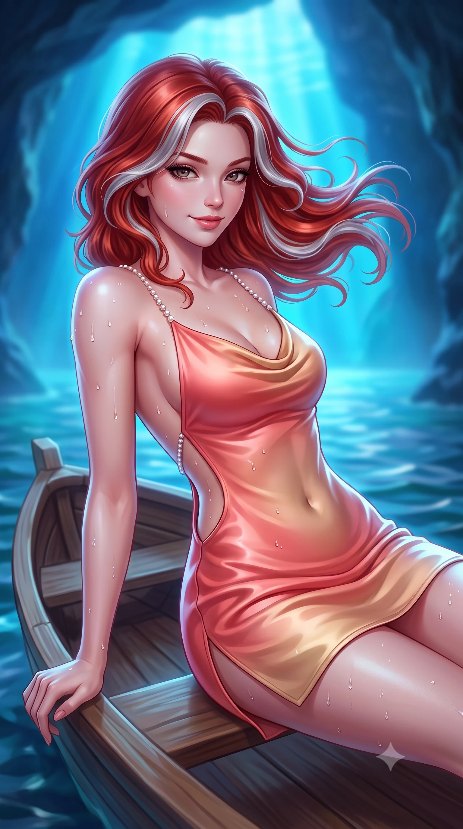 score_9, masterpiece, best quality, ultra-detailed, high-budget anime keyframe, semi-realistic 3D game render, editorial fashion photography, tasteful artistic composition, Caucasian woman. close-up cowboy shot from the waist and thighs up, the character dominates the composition, filling the frame with her large presence. turning slowly with an enchanting smoldering smile, her glossy hair tossing in the breeze as her hips angle gracefully in a captivating contrapposto while reclining on the small wooden rowboat propped on one hand, her wet-look silhouette radiating supernatural Mediterranean beauty. The background shows a soft-focus grotto entrance ripples softened in mysterious maritime subterranean shallow focus. She has an exceptionally elegant, slender, and willowy female figure with an ultra-slim waist, flat toned midriff, narrow ribcage, and sculpted feminine hips creating an alluring, slim hourglass silhouette without bulk. sharp v-shaped jawline, high-bridge nose, sparkling eyes with hypnotic seductive depth, thick curled eyelashes, glossy parted lips with a natural dewy peach sheen, alluring bedroom-eyes with an enchanting coquettish smile, exuding magnetic siren charisma and sophisticated glamour, flawlessly proportioned anatomical accuracy, strict slender model proportions, natural body alignment, perfectly sculpted long slender limbs, ultra-slim waistline, clean dynamic posture without body distortion. wearing a slinky backless cowl-neck silk satin beach slip mini dress with dainty pearl spaghetti straps in sun-kissed coral pink and golden sand beige, tailored from second-skin technical compression neoprene with athletic curve-sculpting stretch, finished with glistening drops of seawater beading across her sculpted shoulders and flat midriff, the precision-cut side openings and low-back scoop framing her graceful spine and the sensual sweep of her slim, toned hips. bathed in ethereal glowing cobalt-and-cyan light radiating upward through the submerged cave opening. highly saturated vibrant anime colors, detailed shading with soft gradients, rich glossy textures, high-contrast stereoscopic depth, volumetric dynamic lighting, master piece, 9:16 ratio
