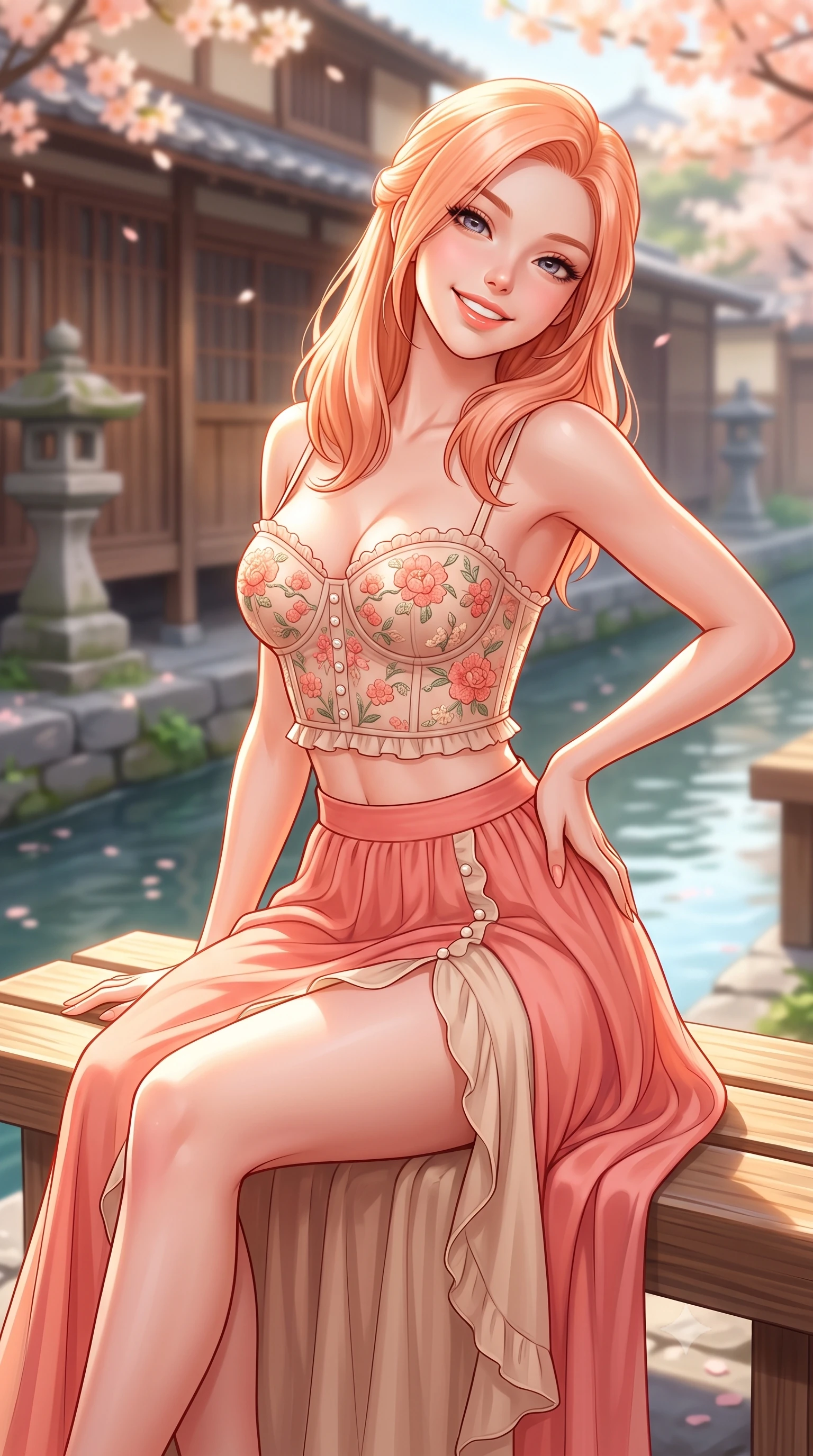 score_9, masterpiece, best quality, ultra-detailed, high-budget anime keyframe, semi-realistic 3D game render, editorial fashion photography, tasteful artistic composition, Japanese woman. close-up cowboy shot from the waist and thighs up, the character dominates the composition, filling the frame with her large presence. tilting her head with a cute beaming smile while arching her spine with effortless dancer poise, one hand sliding along her hip line in a flirtatious S-curve while sitting on a sunlit wooden bench beside the canal, her form-hugging outfit accentuating her narrow waist and curvy hips in the spring breeze. The composition keeps background elements in soft focus with dreamy creamy bokeh. traditional wooden teahouse walls and stone moss lanterns softened in tranquil Kyoto shallow focus. She has an exceptionally elegant, slender, and willowy female figure with an ultra-slim waist, flat toned midriff, narrow ribcage, and sculpted feminine hips creating an alluring, slim hourglass silhouette without bulk. sharp v-shaped jawline, high-bridge nose, intricate jewel-like sparkling eyes with depth, thick eyelashes, glossy parted lips with a natural peach sheen, bright cheerful beaming smile with an enchanting and coquettish sensual glint, exuding both youthful cute charm and seductive allure, flawlessly proportioned anatomical accuracy, strict slender model proportions, natural body alignment, perfectly sculpted long slender limbs, ultra-slim waistline, clean dynamic posture without body distortion. wearing a delicate floral embroidery bustier top paired with a flowy high-slit chiffon maxi skirt with a side hip opening in warm coral pink and soft oatmeal beige, tailored from fine lightweight chiffon that flutters gently in the breeze, finished with subtle ruffle trims and delicate pearl buttons, the form-fitting cut adhering flawlessly to her sculpted flat midriff and slender torso, emphasizing her long leg lines and perfectly proportioned willowy build. bathed in bright morning spring sunlight scattering through blooming flower canopies. highly saturated vibrant anime colors, detailed shading with soft gradients, rich glossy textures, high-contrast stereoscopic depth, volumetric dynamic lighting, master piece, 9:16 ratio