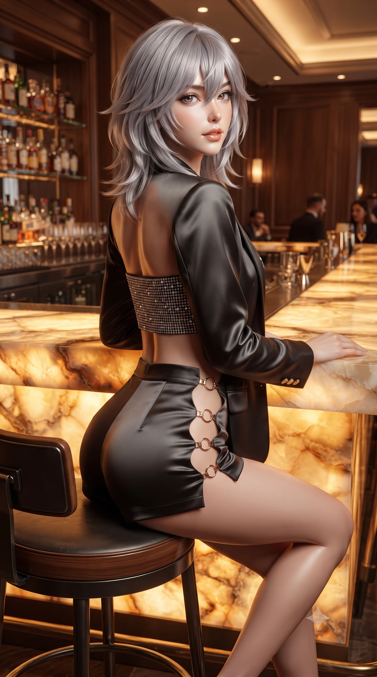 score_9, masterpiece, best quality, ultra-detailed, high-budget anime keyframe, editorial fashion photography, tasteful artistic composition, Japanese woman. close-up cowboy shot from the waist and thighs up, the character dominates the composition, filling the frame with her large presence. posing in an alluring rear three-quarter angle, looking over a bare shoulder with parted glossy lips, her hips cocked back to highlight her slim hourglass curve while turning slowly on the barstool with a teasing half-smile, running one hand lightly along the counter with effortless magnetic allure. The surrounding environment is rendered in vivid detail and crisp panoramic clarity: detailed liquid silver jersey bodycon dress cling, side cutout edges, and master interior architecture in razor-sharp precision. She has an exceptionally elegant, slender, and willowy female figure with an ultra-slim waist, flat toned midriff, narrow ribcage, and sculpted feminine hips creating an alluring, slim hourglass silhouette without bulk. sharp v-shaped jawline, high-bridge nose, intricate jewel-like sparkling eyes with depth, thick eyelashes, glossy parted lips with a natural peach sheen, bright cheerful beaming smile with an enchanting and coquettish sensual glint, exuding both youthful cute charm and seductive allure, flawlessly proportioned anatomical accuracy, strict slender model proportions, natural body alignment, perfectly sculpted long slender limbs, ultra-slim waistline, clean dynamic posture without body distortion. wearing a modern tailored open-front smoking jacket blazer worn over a jeweled bandeau crop top and high-waisted tailored micro-shorts in smoky charcoal noir and reflective metallic platinum, crafted from fluid liquid silk satin that clings smoothly to her narrow waist and rounded hips with a dewy sheen, finished with fine gold ring clasps securing the daring side openings along her hip line, the precision-cut side openings and low-back scoop framing her graceful spine and the sensual sweep of her slim, toned hips. bathed in the rich, radiant warm-amber under-glow of the backlit translucent onyx slab. ultra-reflective glossy finish, specular highlights, rich textural contrasts, high-contrast stereoscopic depth, volumetric dynamic lighting, 2k, ultra detail, master piece, 9:16 ratio