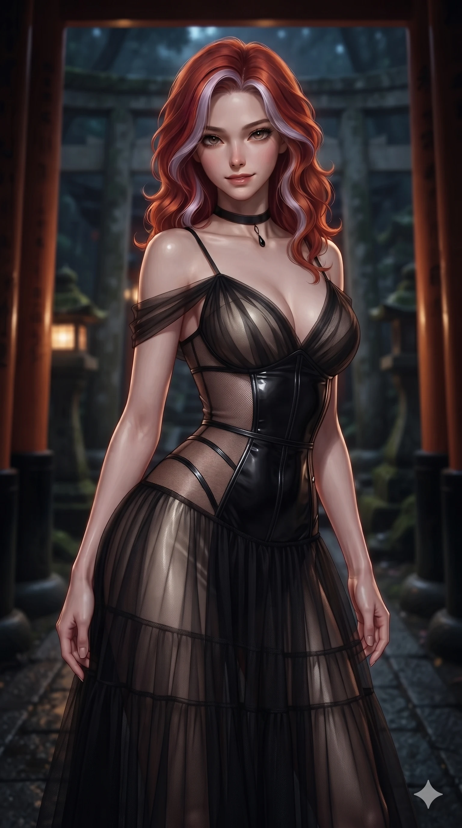 score_9, masterpiece, best quality, ultra-detailed, high-budget anime keyframe, editorial fashion photography, tasteful artistic composition, Caucasian woman. close-up cowboy shot from the waist and thighs up, the character dominates the composition, filling the frame with her large presence. twisting her slender torso in a deep contrapposto stance, hips dramatically shifted to accentuate her feminine curves while twisting her slender torso in an alluring contrapposto stance between repeating dark pillars, golden lantern beams tracing her flat midriff and curvy hips. The background shows a soft-focus sacred Shinto mountain path softened in atmospheric nocturnal shallow focus. She has an exceptionally elegant, slender, and willowy female figure with an ultra-slim waist, flat toned midriff, narrow ribcage, and sculpted feminine hips creating an alluring, slim hourglass silhouette without bulk. sharp v-shaped jawline, high-bridge nose, intricate jewel-like dark sparkling eyes with hypnotic seductive depth, thick curled eyelashes, glossy parted lips with a natural wine sheen, alluring bedroom-eyes with an enigmatic smoldering smile, exuding magnetic sovereign charisma and dark avant-garde glamour, flawlessly proportioned anatomical accuracy, strict slender model proportions, natural body alignment, perfectly sculpted long slender limbs, ultra-slim waistline, clean dynamic posture without body distortion. wearing a tiered semi-sheer black tulle and silk slip dress with an ultra-slim corseted waist and bare shoulders in celestial champagne ivory and high-gloss jet black, featuring strategic sheer-illusion micro-mesh cutouts along her ribcage and hip flanks, finished with a minimalist dark choker and a single teardrop pendant, contouring every curve with an exceptionally elegant silhouette and captivating allure. illuminated by wet stone ground bounce and sharp gold-amber rim lights sculpting her razor-sharp jawline, narrow waist, and curvy hips. ultra-reflective glossy finish, specular highlights, metallic sheen, high-contrast stereoscopic depth, volumetric dynamic lighting, 2k, ultra detail, master piece, 9:16 ratio