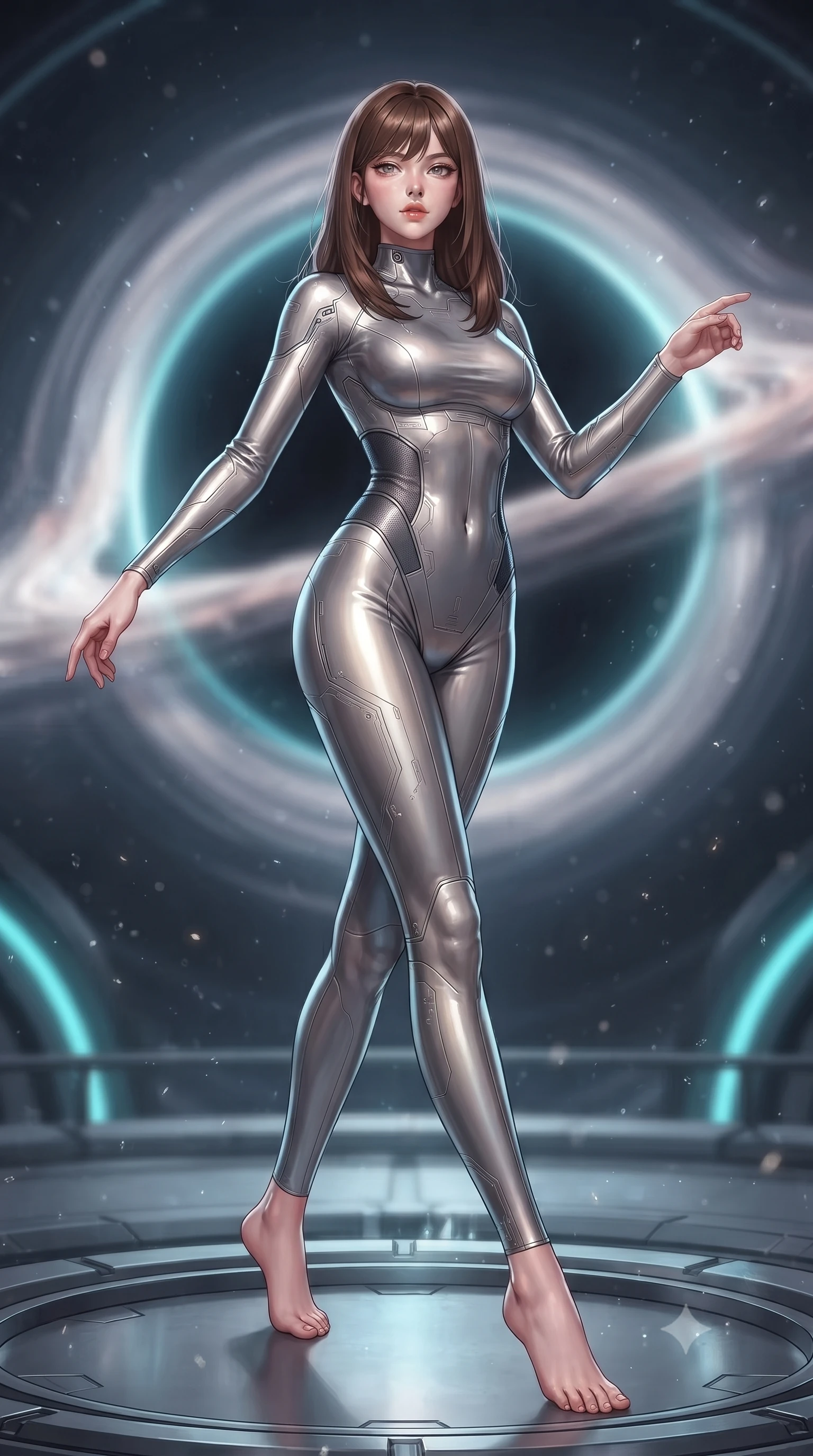 score_9, masterpiece, best quality, ultra-detailed, high-budget anime keyframe, editorial fashion photography, tasteful artistic composition, Korean woman. low angle full-body shot from head to toe showing her feet, filling the entire 9:16 vertical frame with her statuesque presence, stretching her vertical silhouette. stepping gracefully through floating stardust particles, her body-contouring suit showing her athletic, slender silhouette, the background shows a soft-focus a circular catwalk wrapping around a reinforced micro-black hole engine core. She has an absolutely perfect, statuesque 8.5-heads proportion, an exceptionally tall and slender model-like female figure with impossibly long slender legs and an ultra-slim waist. sharp v-shaped jawline, high-bridge nose, intricate jewel-like eyes with depth, thick eyelashes, glossy lips with a natural sheen. wearing a body-hugging body-hugging titanium-sheen mock-neck bodysuit, featuring elastic compression panels at the waist. distorted starlight bending around the dark sphere, casting circular cyan rim lights. ultra-reflective glossy finish, specular highlights, metallic sheen, high-contrast stereoscopic depth, volumetric dynamic lighting, 2k, ultra detail, master piece, 9:16 ratio