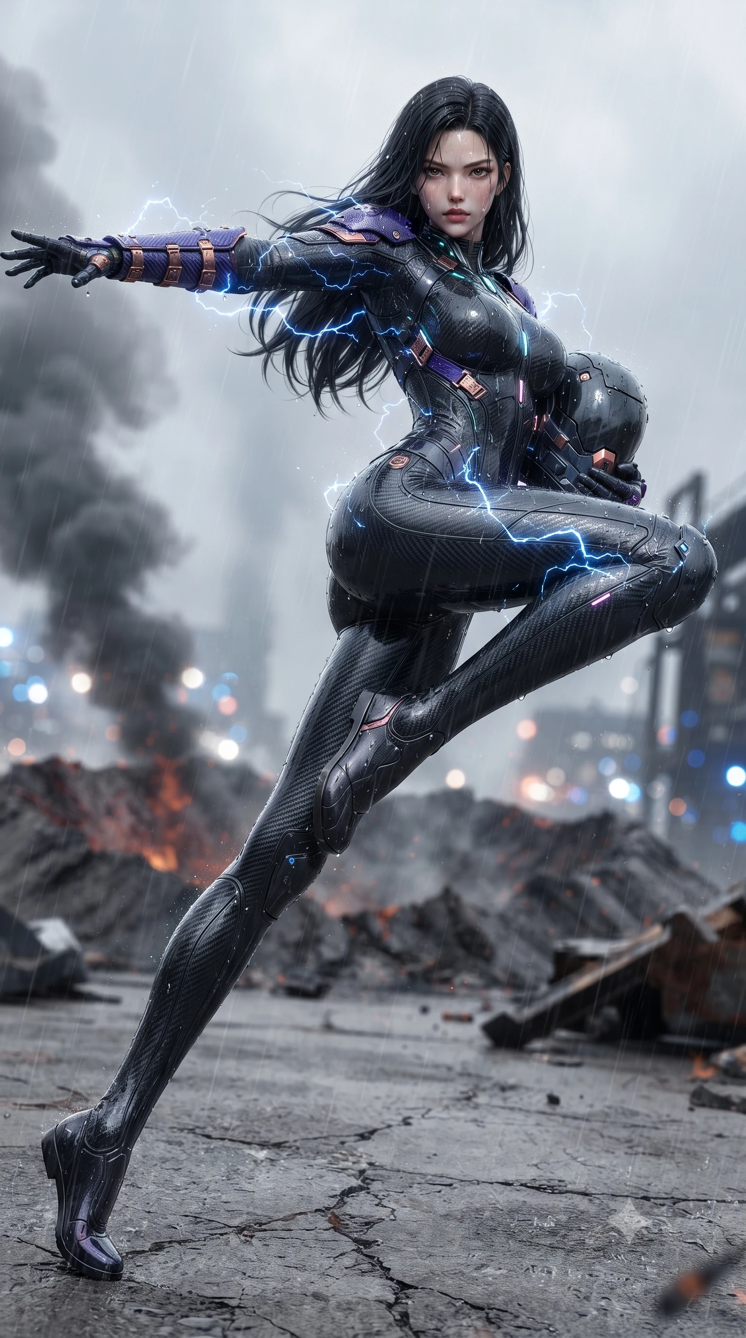 score_9, masterpiece, best quality, ultra-detailed, high-budget anime keyframe, editorial fashion photography, tasteful artistic composition, Korean woman. low angle full-body shot from head to toe showing her feet, filling the entire 9:16 vertical frame with her statuesque presence, stretching her vertical silhouette. pivoting dynamically in a high-speed low sweep kick along the cracked concrete, her athletic torso and ultra-slim waist twisting in a fluid arc of power while arching her spine in a fluid zero-gravity recovery leap with arms outstretched as electrical sparks dance across her armor. The composition keeps background elements in soft focus with creamy bokeh. crackling blue EMP lightning arcs and smoking crater rims blurred into dazzling sapphire, white-hot, and pitch-black bokeh. She has an absolutely perfect, statuesque 8.5-heads proportion, an exceptionally tall and slender model-like female figure with impossibly long slender legs, a toned flat midriff, and an ultra-slim waist. sharp v-shaped jawline, high-bridge nose, intricate jewel-like eyes with depth, thick eyelashes, glossy lips with a natural sheen, fierce and resolute heroine expression, flawlessly proportioned anatomical accuracy, strict slender model proportions, natural body alignment, perfectly sculpted long slender limbs, ultra-slim waistline, clean dynamic posture without body distortion. holding a modular carbon battle-helmet under one arm, her flawless face and sculpted neck exposed to the rain with determined warrior focus, paired with a skin-tight dark carbon-weave combat bodysuit with glowing neon energy conduits and reinforced Damascus-pattern forearm strike guards in royal purple carbon fiber with distressed rose-gold hardware and buckles, crafted from ultra-strong woven carbon-fiber composite with battle-tested satin luster, featuring a sleek aerodynamic collar framed by subtle glowing cybernetic status LEDs, the glove-like aerodynamic second-skin fit tightly clinging to her ultra-slender waist and athletic curves without adding bulk, accentuating her razor-sharp statuesque lines and slim hourglass silhouette. illuminated by crisp directional rim lights sharply defining her ultra-slim waist, long legs, and flat midriff. ultra-reflective glossy finish, specular highlights, dark metallic sheen, high-contrast stereoscopic depth, volumetric dynamic lighting, 2k, ultra detail, master piece, 9:16 ratio