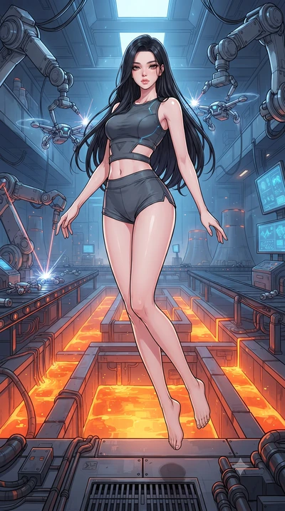 score_9, masterpiece, best quality, ultra-detailed, high-budget anime keyframe, gorgeous anime illustration, with clean line-art and distinct ink outlines, Korean woman. low angle full-body shot from head to toe showing her feet, filling the entire 9
