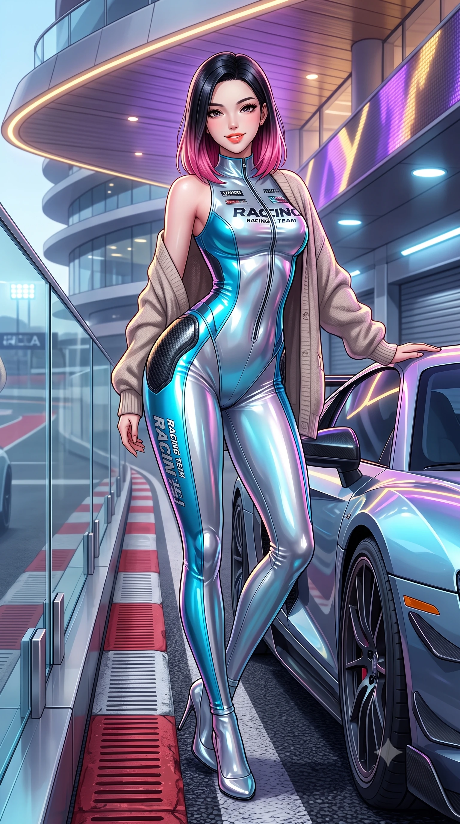 score_9, masterpiece, best quality, ultra-detailed, high-budget anime keyframe, semi-realistic 3D game render, editorial fashion photography, tasteful artistic composition, Korean woman. low angle full-body shot from head to toe showing her feet, filling the entire 9:16 vertical frame with her statuesque presence, stretching her vertical silhouette. standing in a tall, confident posture with one hand on the sports car roof, stretching her statuesque body as she arches her lower back to emphasize her sculpted feminine hips and slender waist while twisting her slender torso in an alluring S-curve, dynamic LED color shifts from the hotel canopy illuminating her tight racing outfit and hips. The surrounding environment is rendered in vivid detail and crisp panoramic clarity: sharp glass parapet bevels, brushed aluminum deck fittings, and racetrack curbing texture in deep focus. She has an absolutely perfect, statuesque 8.5-heads proportion, an exceptionally tall and slender model-like female figure with impossibly long slender legs, an ultra-slim waist, a flat toned midriff, narrow delicate ribcage, and beautifully sculpted feminine hips creating a graceful, slim hourglass silhouette without any bulky heaviness. sharp v-shaped jawline, high-bridge nose, sparkling eyes with athletic focus and depth, thick curled eyelashes, glossy parted lips with a natural coral-peach sheen, bright confident and coquettish smile with alluring bedroom-eyes, exuding both youthful sporty vigor and sovereign high-society glamour, flawlessly proportioned anatomical accuracy, strict slender model proportions, natural body alignment, perfectly sculpted long slender limbs, ultra-slim waistline, clean dynamic posture without body distortion. wearing a second-skin compression stretch racing catsuit with racing team sponsor graphics and sculpted carbon hip guards in metallic liquid silver and electric cyan, made of high-gloss reflective patent leather with mirror-like specular highlights, complemented by an oversized cashmere knit cardigan slipping off one bare shoulder, the form-fitting tailored bodice adhering flawlessly to her sculpted flat midriff and slender torso, emphasizing her long leg lines and perfectly proportioned willowy build. illuminated by track floodlight bounce and sharp violet-gold rim lights sculpting her razor-sharp jawline, narrow waist, and curvy hips. highly saturated vibrant anime colors, detailed shading with soft gradients, rich glossy textures, high-contrast stereoscopic depth, volumetric dynamic lighting, master piece, 9:16 ratio