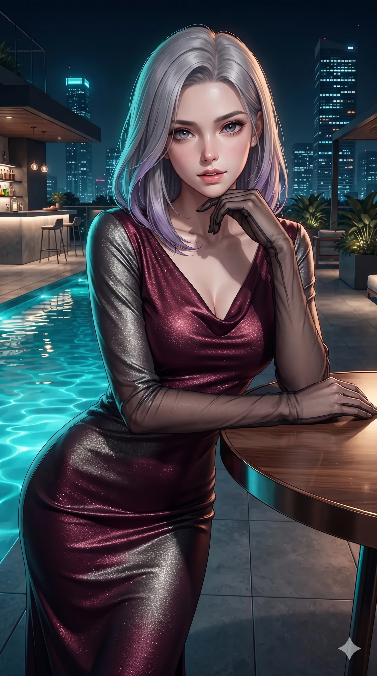 score_9, masterpiece, best quality, ultra-detailed, high-budget anime keyframe, editorial fashion photography, tasteful artistic composition, Caucasian woman. close-up cowboy shot from the waist and thighs up, the character dominates the composition, filling the frame with her large presence. resting one elbow on the table and supporting her chin, leaning close to the camera with heavy-lidded sparkling eyes and parted lips while twisting her slender torso in an alluring S-curve on the wet basalt ledge, glowing turquoise pool illumination and neon reflections tracing her silhouette. The surrounding environment is rendered in vivid detail and crisp panoramic clarity: detailed wet-look silk wrap tailoring, fine mesh accents, and architectural rooftop infinity pool design in razor-sharp clarity. She has an exceptionally elegant, slender, and willowy female figure with an ultra-slim waist, flat toned midriff, narrow ribcage, and sculpted feminine hips creating an alluring, slim hourglass silhouette without bulk. sharp v-shaped jawline, high-bridge nose, intricate jewel-like sparkling eyes with depth, thick eyelashes, glossy parted lips with a natural sheen, intensely captivating and seductive bedroom-eyes expression, exuding both youthful cute charm and sovereign luxury allure, flawlessly proportioned anatomical accuracy, strict slender model proportions, natural body alignment, perfectly sculpted long slender limbs, ultra-slim waistline, clean dynamic posture without body distortion. wearing a modest long-sleeve cowl-neck satin column gown draping gracefully to the floor with aristocratic poise in deep wine burgundy and brushed dark platinum, woven from high-density tech-wool with subtle metallic thread weave, complemented by sheer opera-length evening gloves tracing her slender arms, the bespoke structured tailoring following the natural line of her 8.5-heads silhouette with refined elegance. illuminated by water surface ripple reflections and sharp turquoise-amber rim lights carving her sculpted collarbones, ultra-slim waist, and curvy hips. ultra-reflective glossy finish, specular highlights, rich textural contrasts, high-contrast stereoscopic depth, volumetric dynamic lighting, 2k, ultra detail, master piece, 9:16 ratio