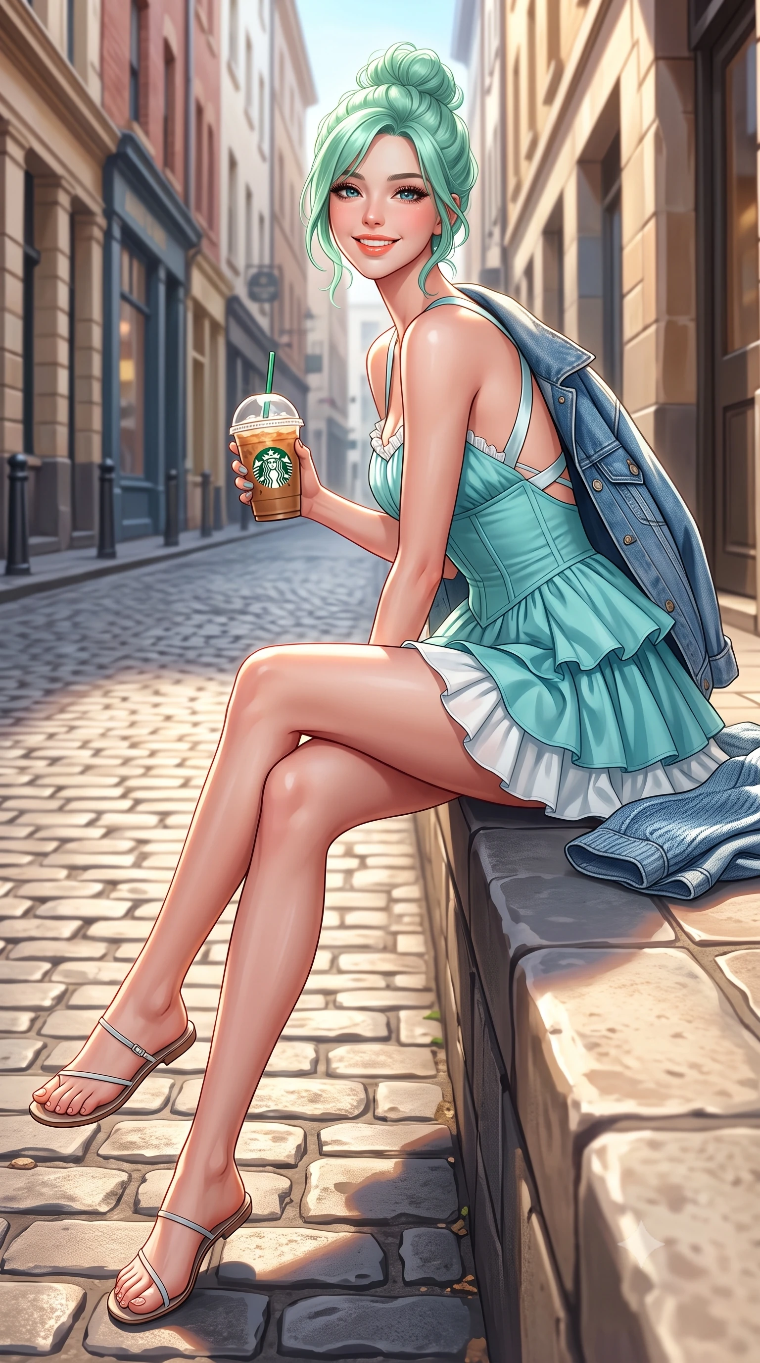 score_9, masterpiece, best quality, ultra-detailed, high-budget anime keyframe, semi-realistic 3D game render, editorial fashion photography, tasteful artistic composition, Japanese woman. low angle full-body shot from head to toe showing her feet, filling the entire 9:16 vertical frame with her statuesque presence, stretching her vertical silhouette. sitting perched on the elevated edge with legs crossed and hips angled toward the camera, displaying her toned midriff and long slender limbs with a joyful, coquettish smile while walking down the lively cobblestone laneway with an iced coffee in hand, her form-contouring casual chic outfit accentuating her narrow waist and hips. The surrounding environment is rendered in vivid detail and crisp panoramic clarity. detailed denim jacket and knit skirt texture, morning sun glints on skin, and laneway architecture in high clarity. She has an exceptionally tall and slender model-like 8.5-heads proportion, an ultra-slim waist, a flat toned midriff, narrow delicate ribcage, and beautifully sculpted feminine hips creating a graceful, slim hourglass silhouette without any bulky heaviness, with impossibly long slender legs. sharp v-shaped jawline, high-bridge nose, intricate jewel-like sparkling eyes with depth, thick eyelashes, glossy parted lips with a natural peach sheen, bright cheerful beaming smile with an enchanting and coquettish sensual glint, exuding both youthful cute charm and seductive allure, flawlessly proportioned anatomical accuracy, strict slender model proportions, natural body alignment, perfectly sculpted long slender limbs, ultra-slim waistline, clean dynamic posture without body distortion. wearing a tiered ruffled chiffon mini dress with a fitted corseted waist and open back in ocean turquoise and sea-salt white, tailored from crisp cotton poplin with clean structural lines, finished with criss-cross back satin straps highlighting her graceful shoulder blades, the glove-like silhouette tightly following the natural contour of her hips and long slender legs with youthful 8.5-heads elegance. illuminated by warm street bounce light sharply defining her sculpted collarbones, ultra-slim waist, and curvy hips. highly saturated vibrant anime colors, detailed shading with soft gradients, rich glossy textures, high-contrast stereoscopic depth, volumetric dynamic lighting, master piece, 9:16 ratio