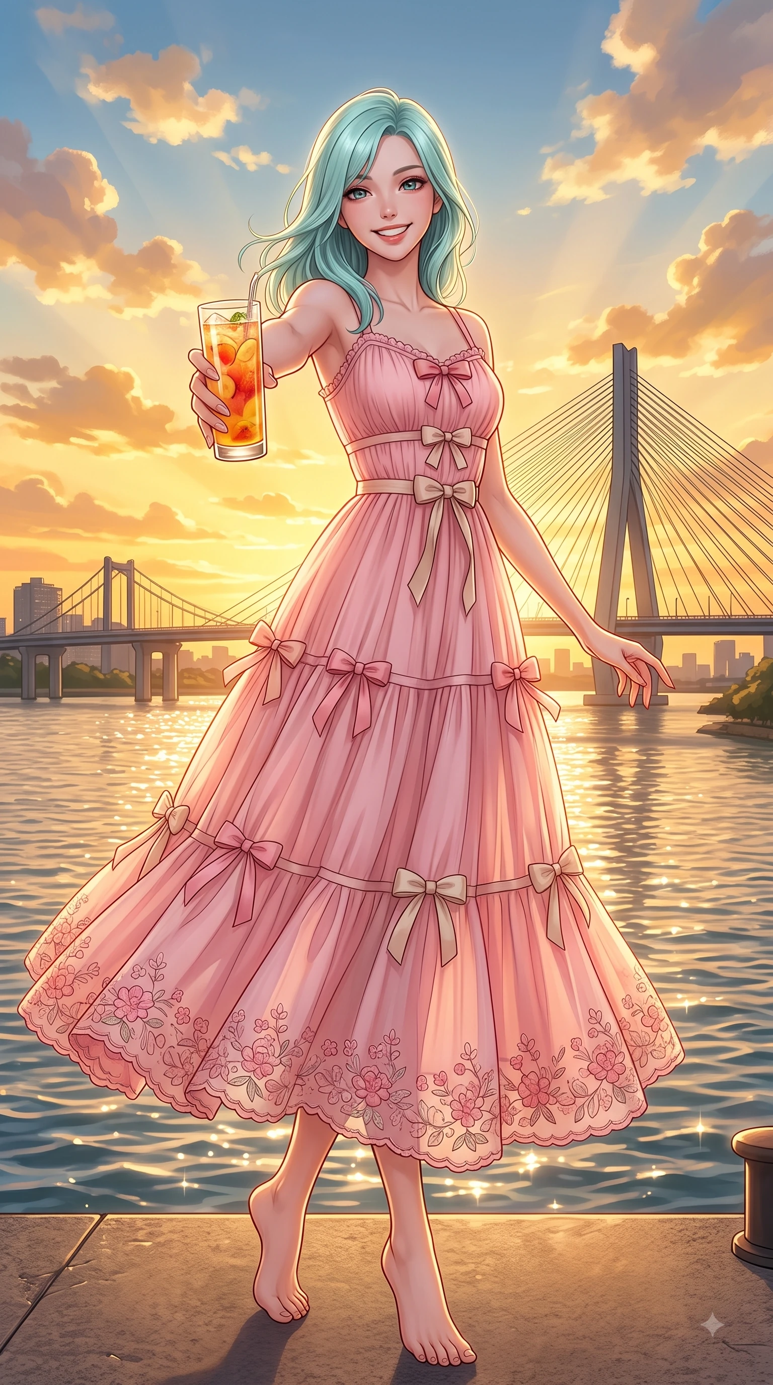 score_9, masterpiece, best quality, ultra-detailed, high-budget anime keyframe, editorial fashion photography, tasteful artistic composition, Japanese woman. low angle full-body shot from head to toe showing her feet, filling the entire 9:16 vertical frame with her statuesque presence, stretching her vertical silhouette. pivoting dynamically with a fresh infectious smile, her ultra-slim waist creating a sweeping fluid curve while reaching one hand out playfully toward the camera holding a refreshing fruit drink with a sweet grin. The surrounding environment is rendered in vivid detail and crisp panoramic clarity. sparkling river waters, iconic city bridge silhouettes, and vibrant golden sunset sky clouds in crisp detail. She has an absolutely perfect, statuesque 8.5-heads proportion, an exceptionally tall and slender model-like female figure with impossibly long slender legs and an ultra-slim waist. sharp v-shaped jawline, high-bridge nose, intricate jewel-like eyes with depth, thick eyelashes, glossy lips with a natural sheen, flawlessly proportioned anatomical accuracy, natural body alignment, perfectly sculpted elegant limbs, clean dynamic posture without body distortion. wearing a romantic pink tiered chiffon maxi dress decorated with delicate bow ribbons in cherry blossom pink and soft beige, crafted from soft breathable linen, complemented by delicate embroidered floral trim along the hem, the relaxed yet flattering fit accentuating her naturally graceful and slender figure. bathed in glorious golden hour sunset sunbeams and warm amber sky radiance. highly saturated vibrant anime colors, detailed shading with soft gradients, rich glossy textures, high-contrast stereoscopic depth, volumetric dynamic lighting, master piece, 9:16 ratio