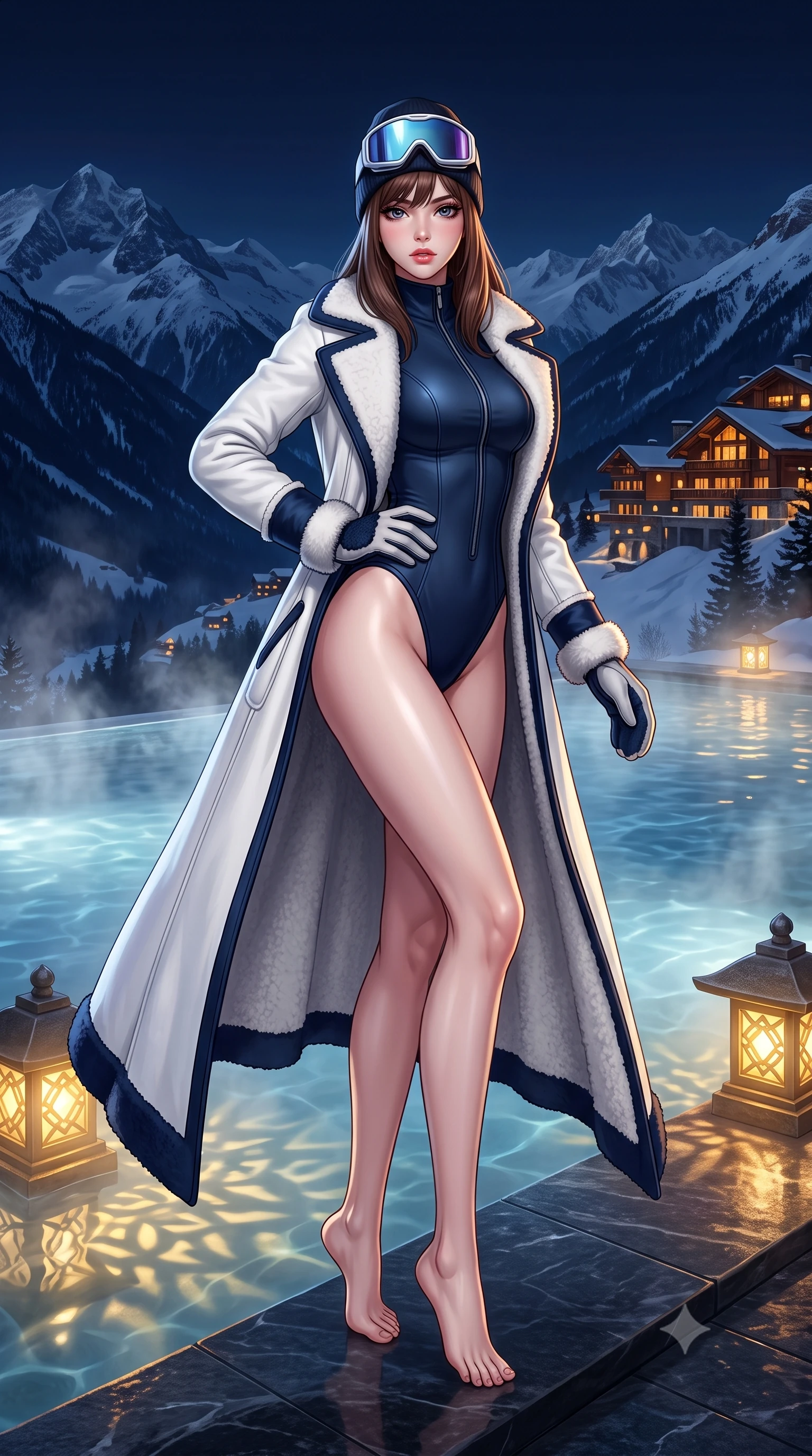 score_9, masterpiece, best quality, ultra-detailed, high-budget anime keyframe, semi-realistic 3D game render, editorial fashion photography, tasteful artistic composition, Korean woman. low angle full-body shot from head to toe showing her feet, filling the entire 9:16 vertical frame with her statuesque presence, stretching her vertical silhouette. pivoting dynamically with supreme athletic balance, her impossibly long slender legs and ultra-slim waist creating a mesmerizing vertical line while resting her chin on her crossed arms at the infinity pool's edge, gazing into the camera with bedroom-eyes. The surrounding environment is rendered in vivid detail and crisp panoramic clarity. atmospheric nocturnal thermal chiaroscuro and private mountain hot-spring luxury in precision. She has an absolutely perfect, statuesque 8.5-heads proportion, an exceptionally tall and slender model-like female figure with impossibly long slender legs, a toned flat midriff, and an ultra-slim waist. sharp v-shaped jawline, high-bridge nose, intricate jewel-like eyes with depth, thick eyelashes, glossy parted lips with a natural sheen, intensely captivating and seductive expression, flawlessly proportioned anatomical accuracy, strict slender model proportions, natural body alignment, perfectly sculpted long slender limbs, ultra-slim waistline, clean dynamic posture without body distortion. wearing a luxurious satin thermal leotard layered under a sweeping floor-length white shearling coat in deep alpine midnight navy and snow white, tailored from water-resistant ski-tech stretch gabardine with fleece lining, accessorized with mirrored ice-glare goggles resting on her beanie and fur mittens, the sweeping couture drape swaying majestically with her steps, accentuating her tall statuesque limbs and slender waistline. bathed in soft underwater pool illumination and warm golden stone lantern downlights. highly saturated vibrant anime colors, detailed shading with soft gradients, rich glossy textures, high-contrast stereoscopic depth, volumetric dynamic lighting, master piece, 9:16 ratio