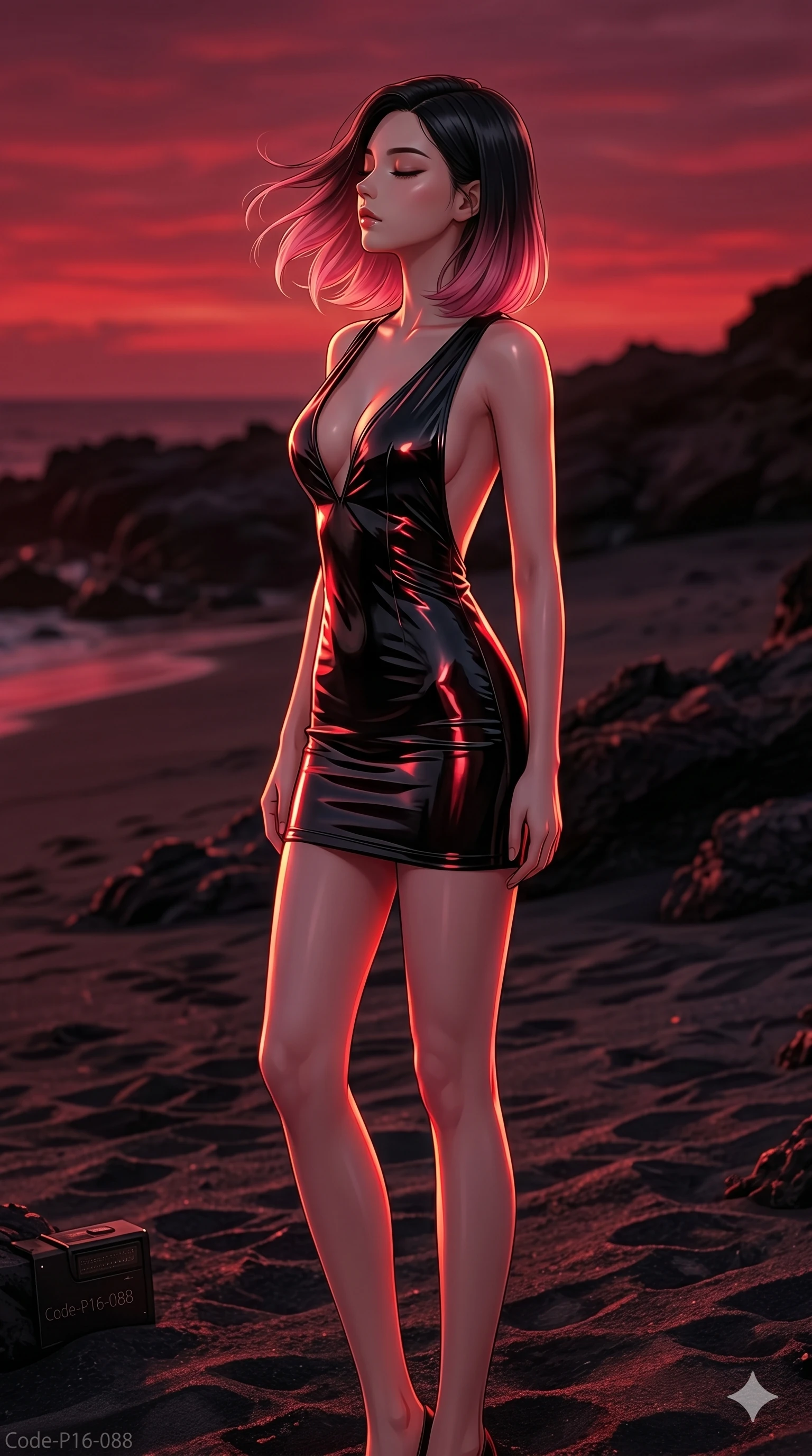 score_9, masterpiece, best quality, ultra-detailed, high-budget anime keyframe, editorial fashion photography, tasteful artistic composition, Korean woman. cowboy shot from the thighs up, character and outfit filling the frame for maximum editorial presence. standing tall, her face turned in profile to catch the wind, with a composed expression on a secluded volcanic beach at twilight (Code-P16-088). She has an absolutely perfect 8-heads proportion, an exceptionally tall and slender female figure with impossibly long slender legs and an ultra-slim waist. V-shaped jawline, high-bridge nose, intricate jewel-like eyes with depth, thick eyelashes, glossy lips with a natural sheen. wearing a wet-look black vinyl dress with a plunging neck and a scooped open back. dramatic crimson theatrical sunset light, casting sharp highlights on every curve. 2k, ultra detail, master piece, 9:16 ratio