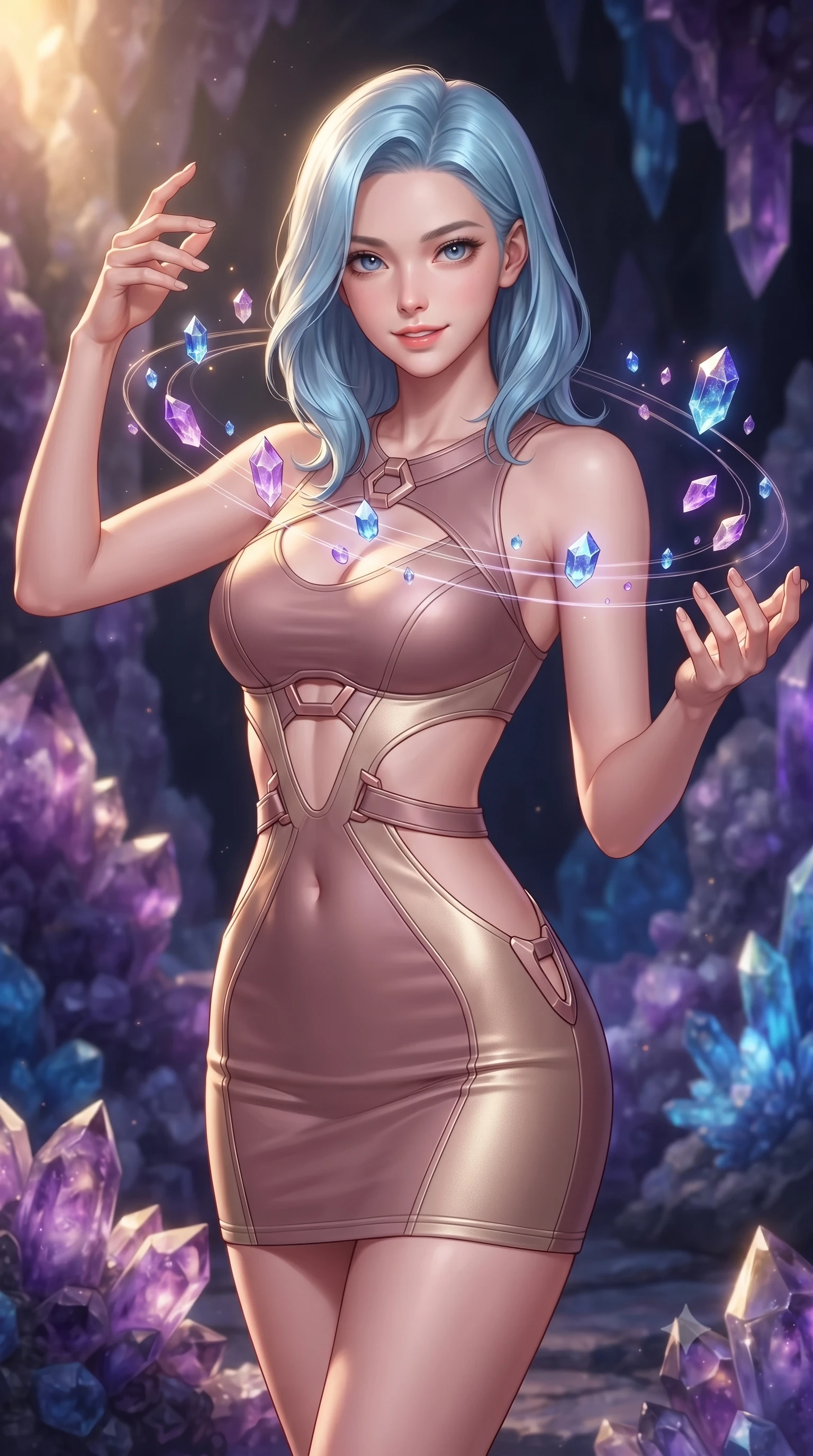 score_9, masterpiece, best quality, ultra-detailed, high-budget anime keyframe, editorial fashion photography, tasteful artistic composition, Korean woman. close-up cowboy shot from the waist and thighs up, the character dominates the composition, filling the frame with her large presence, background elements kept in soft focus. Smiling with quiet, magnetic self-assurance directly into the lens guiding floating sapphire light crystals inside a deep mineral sanctuary, floating amethyst clusters drifting in smooth circular orbits. She has an exceptionally elegant, slender, and willowy female figure with an ultra-slim waist, a gracefully sculpted slender torso, and a refined silhouette. sharp v-shaped jawline, high-bridge nose, intricate jewel-like eyes with depth, thick eyelashes, glossy lips with a natural sheen. wearing a dramatic open-waist cutout mini dress framed by sculptural hardware in dusty rose and champagne gold, formed from sleek second-skin neoprene, featuring subtle geometric cutouts that highlight her ultra-slim midriff, the form-contouring material highlighting her ultra-slim waist and long lines. lit by warm golden sunlight colliding with cool violet crystal illumination. highly saturated vibrant anime colors, detailed shading with soft gradients, rich glossy textures, high-contrast stereoscopic depth, volumetric dynamic lighting, master piece, 9:16 ratio