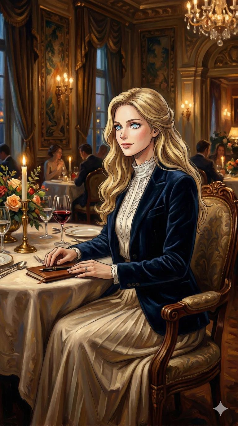 This artwork features a female character in a Japanese manga style with long blonde hair, 175 cm tall, sitting at a luxurious dining table. She has a subtle smile with empty eyes and wears an elegant, modest Western-style outfit, exuding a professional model look. The style is post-impressionist expressionism with a golden ratio composition, vividly highlighted eyes, subtle facial manipulation to show inner awareness, soft expressive brush strokes, cinematic lighting. 2k, ultra detail, master piece, 9:16 ratio