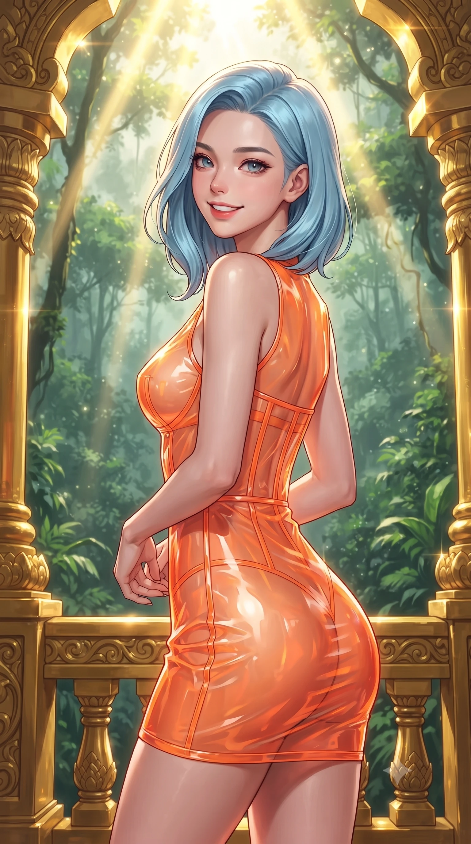 score_9, masterpiece, best quality, ultra-detailed, high-budget anime keyframe, editorial fashion photography, tasteful artistic composition, gorgeous anime illustration, with clean line-art, distinct ink outlines, and high-contrast stereoscopic depth, Korean woman. close-up cowboy shot from the waist and thighs up, the character dominates the composition, filling the frame with her large presence, background elements kept in soft focus. Looking over her shoulder with a bright, welcoming smile and happy eyes. set against a soft-focus background of standing on a balcony of a temple constructed from solid, highly polished gold hidden deep within a misty green tropical jungle, reflecting bright sun rays off the golden surfaces. She has an exceptionally elegant, slender, and willowy female figure with a highly-defined ultra-slim waist, a gracefully sculpted slender torso, and a refined slim-fit silhouette that contours her form. sharp v-shaped jawline, high-bridge nose, intricate jewel-like eyes with depth, thick eyelashes, glossy lips with a natural sheen. wearing a wet-look transparent finish mini dress in neon orange, with a visible corset interior structure. intense golden solar beams piercing through the jungle canopy, casting bright metallic specular highlights on the gold structures. 2k, ultra detail, master piece, 9:16 ratio, highly saturated vibrant anime colors, detailed cel-shading with soft gradients, rich glossy textures, deep contrast, volumetric dynamic lighting, 2d animation style