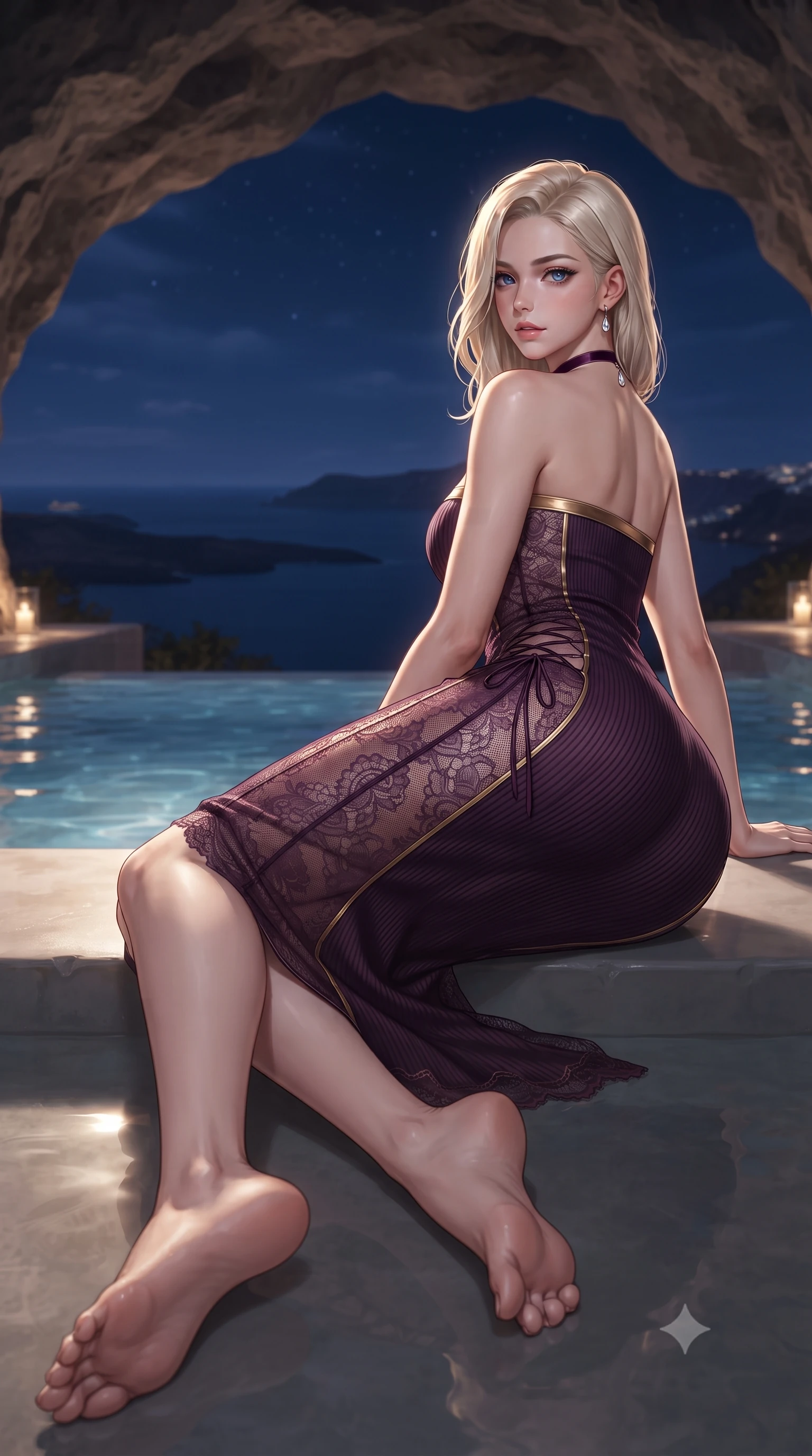 score_9, masterpiece, best quality, ultra-detailed, high-budget anime keyframe, editorial fashion photography, tasteful artistic composition, Caucasian woman. low angle full-body shot from head to toe showing her feet, filling the entire 9:16 vertical frame with her statuesque presence, stretching her vertical silhouette. walking along the terrace with poise, looking back over her bare shoulder with an irresistible smoldering bedroom-gaze while lounging in the shallow heated pool propped on one elbow, her flat midriff and long slender legs commanding the panoramic island night vista. The background shows a soft-focus curving volcanic cave rock ceiling softened in intimate nocturnal resort shallow focus. She has an absolutely perfect, statuesque 8.5-heads proportion, an exceptionally tall and slender model-like female figure with impossibly long slender legs, an ultra-slim waist, a flat toned midriff, narrow delicate ribcage, and beautifully sculpted feminine hips creating a graceful, slim hourglass silhouette without any bulky heaviness. sharp v-shaped jawline, high-bridge nose, sparkling eyes with hypnotic seductive depth, thick curled eyelashes, glossy parted lips with a natural dewy peach sheen, alluring bedroom-eyes with an enchanting coquettish smile, exuding magnetic siren charisma and sophisticated glamour, flawlessly proportioned anatomical accuracy, strict slender model proportions, natural body alignment, perfectly sculpted long slender limbs, ultra-slim waistline, clean dynamic posture without body distortion. wearing a form-contouring ribbed knit tube dress with subtle side-lace ties tracing the curve of her hips in rich dark plum violet and gilded bronze, made of delicate semi-sheer French Chantilly lace with intricate eyelash edges, finished with a thin velvet ribbon choker and a single teardrop diamond pendant, the liquid-tight tailored fabric clinging flawlessly to her narrow waist and rounded feminine hips, emphasizing every millimeter of her sculpted slim hourglass curves without any bulky heaviness. illuminated by aquatic reflection caustics and sharp platinum-gold rim lights sculpting her razor-sharp jawline, narrow waist, and curvy hips. ultra-reflective glossy finish, specular highlights, rich textural contrasts, high-contrast stereoscopic depth, volumetric dynamic lighting, 2k, ultra detail, master piece, 9:16 ratio