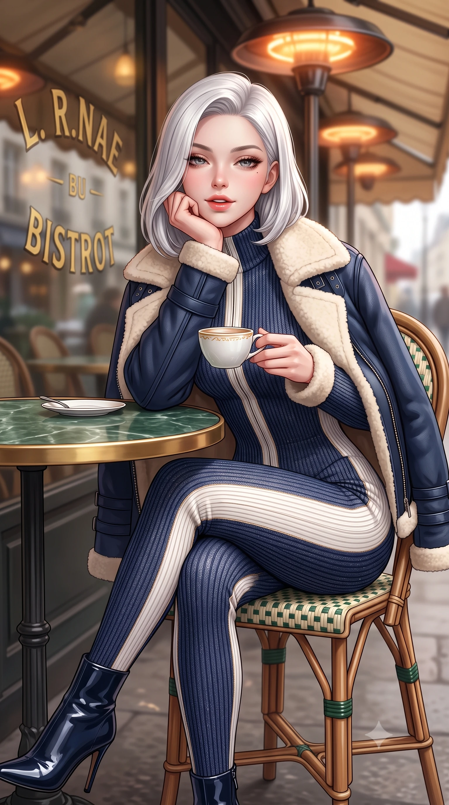 score_9, masterpiece, best quality, ultra-detailed, high-budget anime keyframe, semi-realistic 3D game render, editorial fashion photography, tasteful artistic composition, Korean woman. close-up cowboy shot from the waist and thighs up, the character dominates the composition, filling the frame with her large presence. resting one elbow on the table and supporting her chin, leaning close to the camera with heavy-lidded sparkling eyes and parted lips while sitting poised at a round green marble bistrot table beneath the heated cafe awning, cradling a porcelain cup with a radiant French smile. The background shows a soft-focus brass café lettering on glass softened in romantic Left Bank intellectual shallow focus. She has an exceptionally elegant, slender, and willowy female figure with an ultra-slim waist, flat toned midriff, narrow ribcage, and sculpted feminine hips creating an alluring, slim hourglass silhouette without bulk. sharp v-shaped jawline, high-bridge nose, intricate jewel-like sparkling eyes with depth, thick eyelashes, glossy parted lips with a natural peach sheen, bright cheerful beaming smile with an enchanting and coquettish sensual glint, exuding both youthful cute charm and seductive allure, flawlessly proportioned anatomical accuracy, strict slender model proportions, natural body alignment, perfectly sculpted long slender limbs, ultra-slim waistline, clean dynamic posture without body distortion. wearing an ultra-snug ribbed merino wool catsuit jumpsuit tracing her long slender limbs and narrow waist under an open shearling jacket in French navy blue and crisp alabaster white, woven from stretch metallic lurex knit casting subtle luminous champagne glints across her contours, complemented by sleek patent leather stiletto ankle boots accentuating her long slender calves, the form-contouring silhouette accentuating her sculpted flat midriff, narrow delicate ribcage, and gracefully curvy hips with intoxicating allure. bathed in soft overcast Parisian natural daylight warmed by glowing overhead outdoor patio heaters. highly saturated vibrant anime colors, detailed shading with soft gradients, rich glossy textures, high-contrast stereoscopic depth, volumetric dynamic lighting, master piece, 9:16 ratio