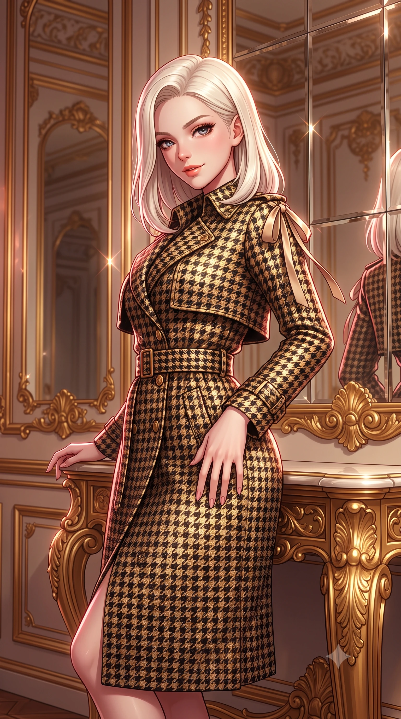 score_9, masterpiece, best quality, ultra-detailed, high-budget anime keyframe, semi-realistic 3D game render, editorial fashion photography, tasteful artistic composition, Caucasian woman. close-up cowboy shot from the waist and thighs up, the character dominates the composition, filling the frame with her large presence. tilting her head with a teasing half-smile, running one hand slowly down the side of her hip in a flirtatious S-curve as ambient light caresses her silhouette while leaning against the gilded console pier with hips cocked back, casting an intoxicating smoldering bedroom-gaze into the bevelled mirrors. The surrounding environment is rendered in vivid detail and crisp panoramic clarity: detailed outfit tailoring, delicate trims, and imperial Austrian architecture in razor-sharp precision. She has an exceptionally elegant, slender, and willowy female figure with an ultra-slim waist, flat toned midriff, narrow ribcage, and sculpted feminine hips creating an alluring, slim hourglass silhouette without bulk. sharp v-shaped jawline, high-bridge nose, intricate jewel-like sparkling eyes with depth, thick eyelashes, glossy parted lips with a natural peach sheen, bright cheerful beaming smile with an enchanting and coquettish sensual glint, exuding both youthful cute charm and seductive allure, flawlessly proportioned anatomical accuracy, strict slender model proportions, natural body alignment, perfectly sculpted long slender limbs, ultra-slim waistline, clean dynamic posture without body distortion. wearing a structured Viennese secessionist houndstooth trench coat with belted waist and storm flaps in Viennese golden secession noir and imperial 24k gold leaf, woven from structured British tweed with subtle metallic flecks, finished with satin ribbon ties at the shoulders fluttering in the gentle breeze, the impeccably tailored cut draping gracefully along her slender figure with aristocratic poise. illuminated by mirror specular reflections and sharp rose-gold rim lights sculpting her features, flat midriff, and slender waist. highly saturated vibrant anime colors, detailed shading with soft gradients, rich glossy textures, high-contrast stereoscopic depth, volumetric dynamic lighting, master piece, 9:16 ratio