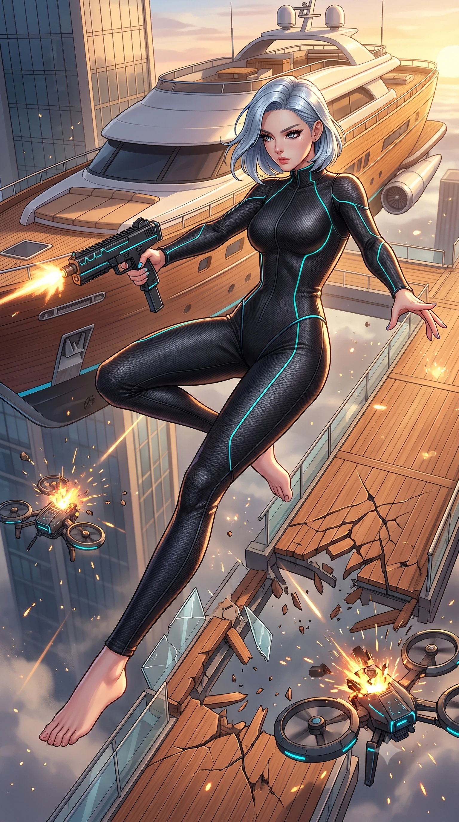 score_9, masterpiece, best quality, ultra-detailed, high-budget anime keyframe, editorial fashion photography, tasteful artistic composition, Korean woman. low angle full-body shot from head to toe showing her feet, filling the entire 9:16 vertical frame with her statuesque presence, stretching her vertical silhouette. leaping dynamically off a collapsing sky-bridge while firing back at security drones through a polished wooden deck extending from a skyscraper, a luxury wooden-hulled flying yacht docked at the gate. She has a statuesque 8.5-heads proportion, an exceptionally tall, slender and willowy model-like build with impossibly long legs and a highly sculpted ultra-slim waist. sharp v-shaped jawline, high-bridge nose, intricate jewel-like eyes with depth, thick eyelashes, glossy lips with a natural sheen. wearing the lightweight fabric rippling and billowing dramatically with her movement, a slim-fit form-contouring matte black carbon-fiber jumpsuit with neon cyan piping, tracing her slender silhouette with a sleek high collar. highly saturated vibrant anime colors, intense vivid color palette, soft 3D volumetric shading, volumetric dynamic lighting, golden hour sun casting long horizontal highlights and deep bronze shadows. 2k, ultra detail, master piece, 9:16 ratio