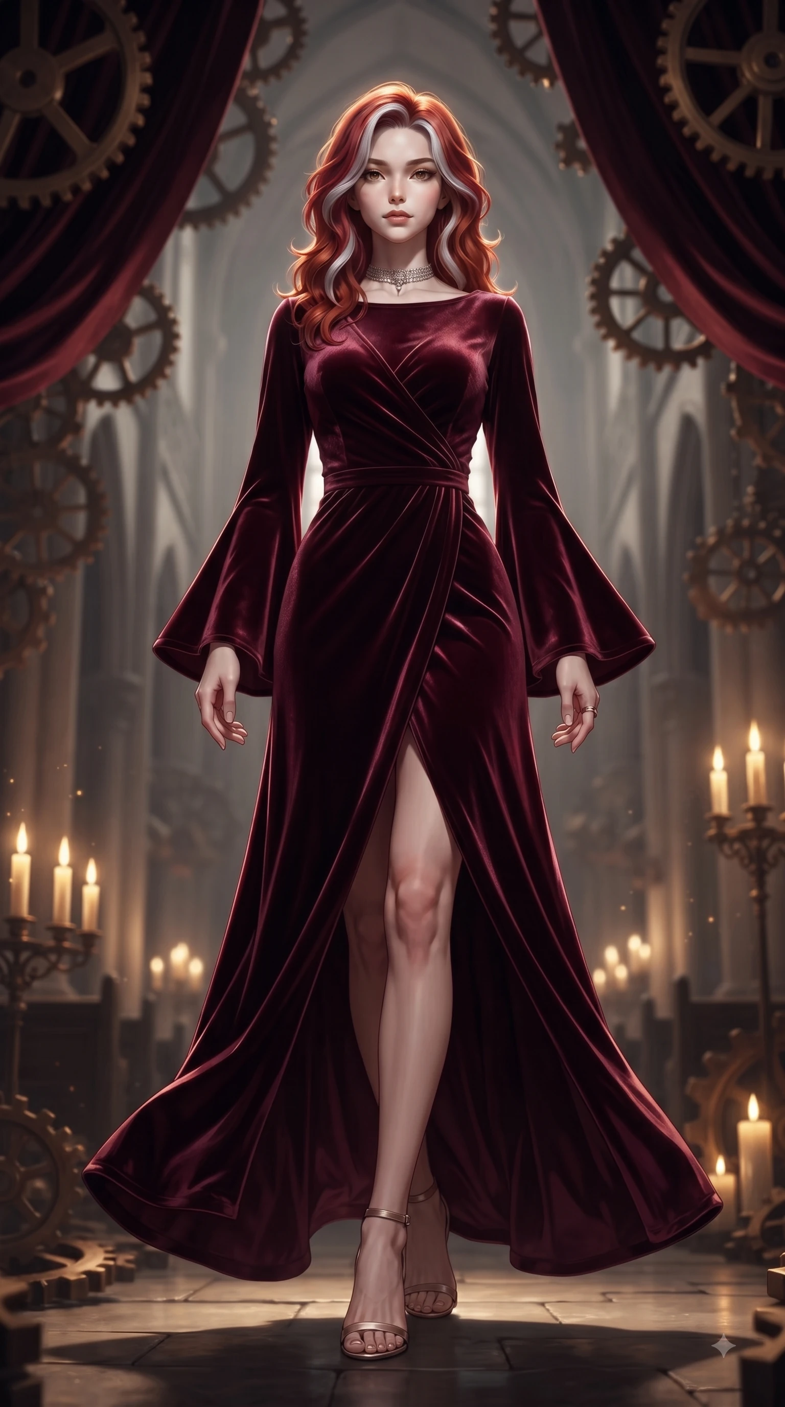 score_9, masterpiece, best quality, ultra-detailed, high-budget anime keyframe, editorial fashion photography, tasteful artistic composition, Caucasian woman woman. low angle full-body shot from head to toe showing her feet, filling the entire 9:16 vertical frame with her statuesque presence, stretching her vertical silhouette. She has an absolutely perfect, statuesque 8.5-heads proportion, an exceptionally tall and slender model-like female figure with impossibly long slender legs and an ultra-slim waist. stepping gracefully forward in a proud statuesque stride, her body turning in a fluid S-curve silhouette, flawlessly proportioned anatomical accuracy, natural body alignment, perfectly sculpted elegant limbs, clean dynamic posture without body distortion. set against a soft-focus background of a high space cathedral nave with rotating bronze gears and velvet drapes. wearing a luxurious velvet wrap gown with long bell sleeves and a modest boat neckline. bathed in dramatic chiaroscuro key light with flickering golden candlelight. ultra-reflective glossy finish, specular highlights, metallic sheen, high-contrast stereoscopic depth, volumetric dynamic lighting, 2k, ultra detail, master piece, 9:16 ratio