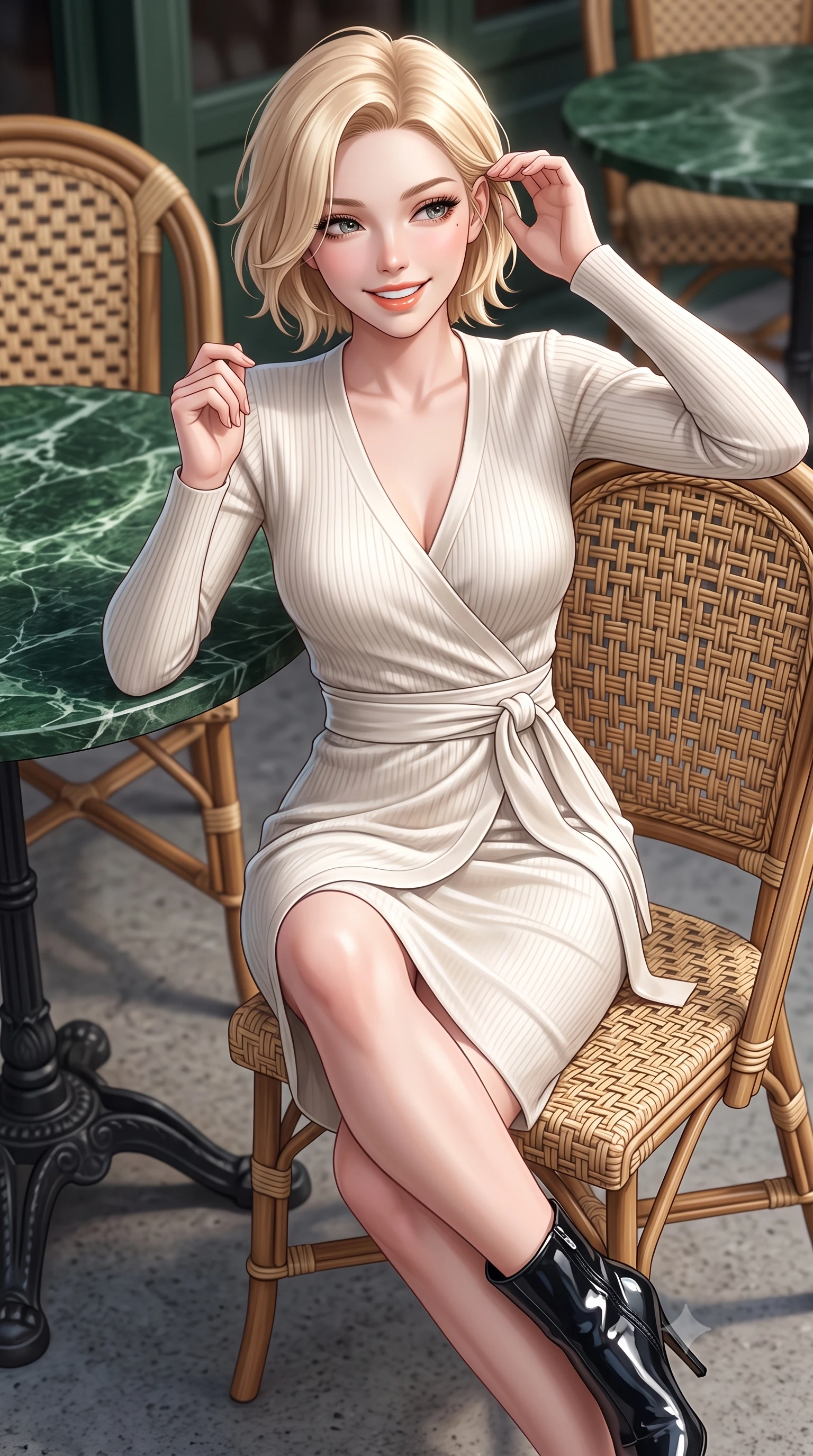 score_9, masterpiece, best quality, ultra-detailed, high-budget anime keyframe, semi-realistic 3D game render, editorial fashion photography, tasteful artistic composition, Caucasian woman. close-up cowboy shot from the waist and thighs up, the character dominates the composition, filling the frame with her large presence. gently brushing a lock of hair behind her ear while casting a playful, flirtatious side-gaze with long eyelashes while leaning back slightly against the wicker rattan café chair, ankles crossed, enjoying the crisp autumn air with effortless chic. The surrounding environment is rendered in vivid detail and crisp panoramic clarity: sharp green marble tabletop veining, intricate woven rattan chair patterns, and cast-iron table base curves in deep focus. She has an exceptionally elegant, slender, and willowy female figure with an ultra-slim waist, flat toned midriff, narrow ribcage, and sculpted feminine hips creating an alluring, slim hourglass silhouette without bulk. sharp v-shaped jawline, high-bridge nose, intricate jewel-like sparkling eyes with depth, thick eyelashes, glossy parted lips with a natural peach sheen, bright cheerful beaming smile with an enchanting and coquettish sensual glint, exuding both youthful cute charm and seductive allure, flawlessly proportioned anatomical accuracy, strict slender model proportions, natural body alignment, perfectly sculpted long slender limbs, ultra-slim waistline, clean dynamic posture without body distortion. wearing a form-fitting ribbed silk-cashmere wrap dress with a cinched sash belt framing her feminine hourglass proportions in Swiss alpine snow white and oat cashmere, crafted from fluid liquid velvet offering rich tactile depth while adhering to her hourglass shape, complemented by sleek patent leather stiletto ankle boots accentuating her long slender calves, the snug waist-cinching tailoring accentuating her ultra-slim waistline and the enchanting curve of her feminine hips with alluring seductive charm. illuminated by zinc counter and marble tabletop bounce with delicate platinum rim lights sculpting her features and slender waist. highly saturated vibrant anime colors, detailed shading with soft gradients, rich glossy textures, high-contrast stereoscopic depth, volumetric dynamic lighting, master piece, 9:16 ratio