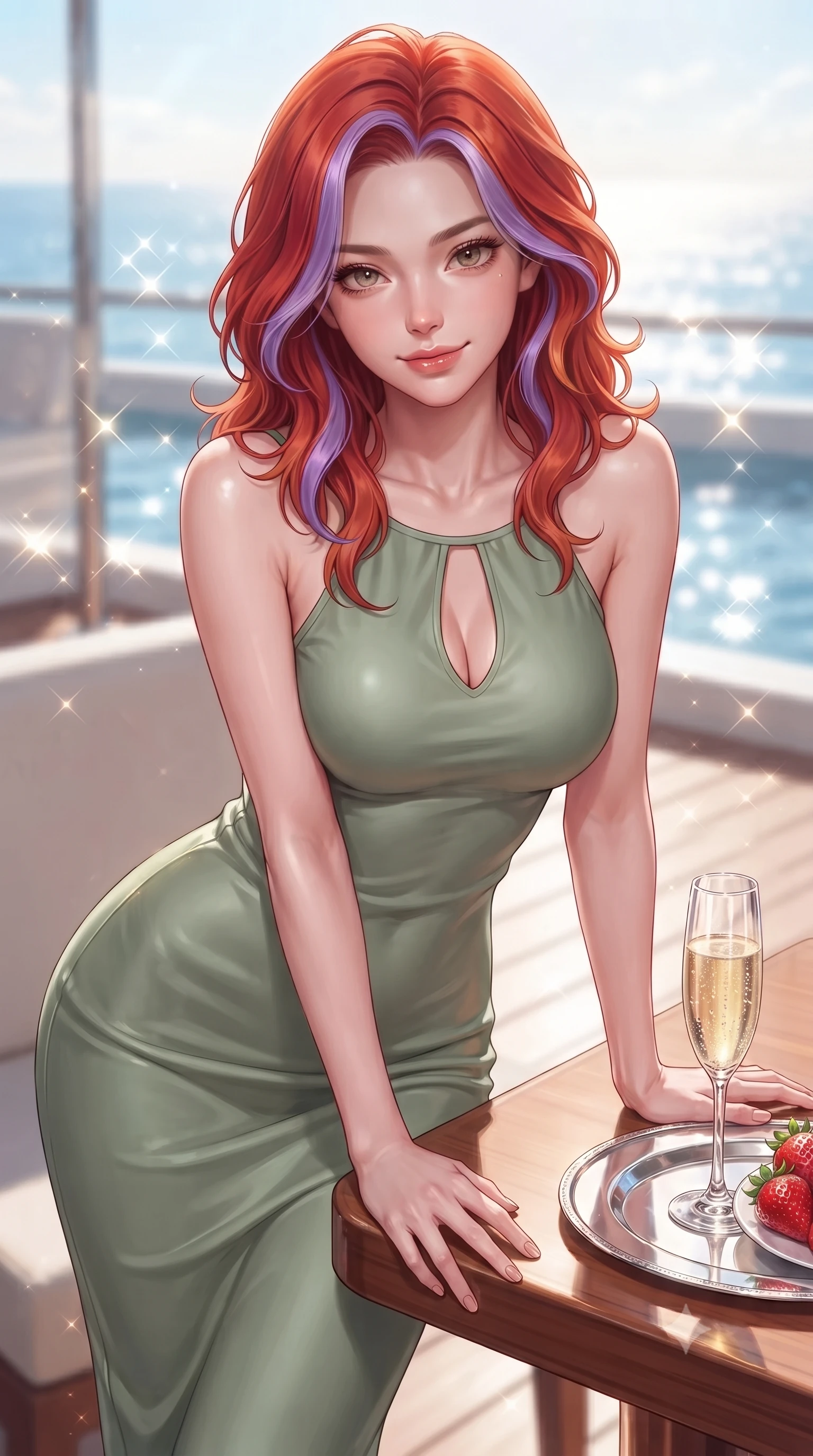 score_9, masterpiece, best quality, ultra-detailed, high-budget anime keyframe, editorial fashion photography, tasteful artistic composition, Caucasian woman. close-up cowboy shot from the waist and thighs up, the character dominates the composition, filling the frame with her large presence, background elements kept in soft focus. leaning slightly forward over the table with a playful, magnetic smile that locks direct eye contact set against a soft-focus background of inside an exclusive solarium deck with a crystal glass of sparkling champagne and fresh strawberries on a silver tray. She has an exceptionally elegant, slender, and willowy female figure with an ultra-slim waist, a gracefully sculpted slender torso, and a refined silhouette. sharp v-shaped jawline, high-bridge nose, intricate jewel-like eyes with depth, thick eyelashes, glossy lips with a natural sheen. wearing form-contouring sage green matte silk body-hugging knit midi dress with a tasteful keyhole neckline cutout and thin shoulder straps featuring refined tailored seams. lit by crisp morning sun rays creating sparkling glints on polished glass and water. highly saturated vibrant anime colors, detailed shading with soft gradients, rich glossy textures, high-contrast stereoscopic depth, volumetric dynamic lighting, master piece, 9:16 ratio