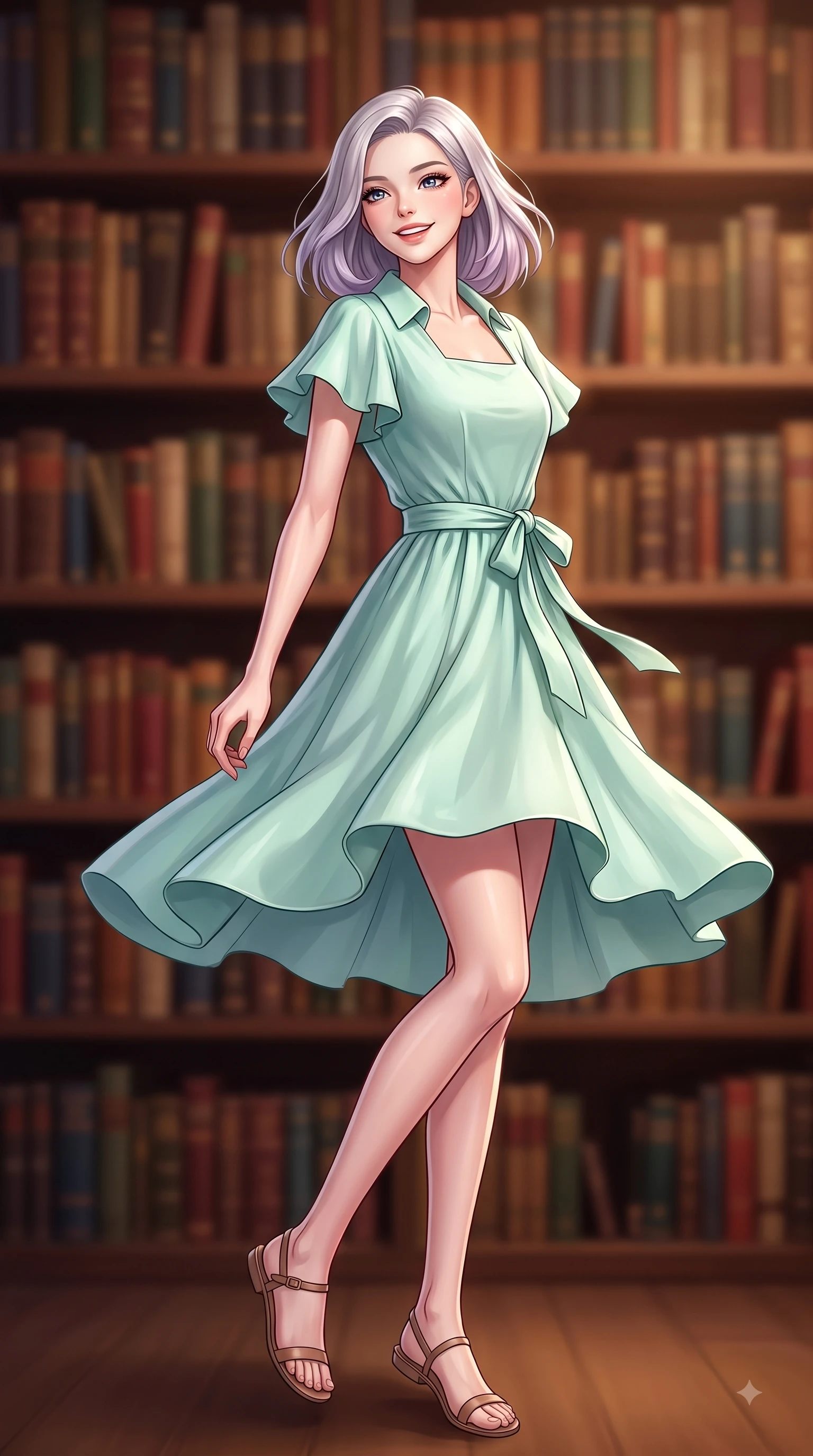 score_9, masterpiece, best quality, ultra-detailed, high-budget anime keyframe, editorial fashion photography, tasteful artistic composition, Caucasian woman. low angle full-body shot from head to toe showing her feet, filling the entire 9:16 vertical frame with her statuesque presence, stretching her vertical silhouette. performing a cheerful mid-motion turn with flawless poise, her radiant smile capturing fresh girlhood energy while pivoting dynamically in a quiet library nook with a sweet, intelligent smile and sparkling eyes. The composition keeps background elements in soft focus with dreamy bokeh. rows of classic hardcover books creating a warm, comforting blurred background depth. She has an absolutely perfect, statuesque 8.5-heads proportion, an exceptionally tall and slender model-like female figure with impossibly long slender legs and an ultra-slim waist. sharp v-shaped jawline, high-bridge nose, intricate jewel-like eyes with depth, thick eyelashes, glossy lips with a natural sheen, flawlessly proportioned anatomical accuracy, natural body alignment, perfectly sculpted elegant limbs, clean dynamic posture without body distortion. wearing a stylish pastel mint trench dress with a tied belt waist and folded collar in refreshing mint green and crisp white, crafted from soft breathable linen, featuring elegant flutter sleeves and a graceful square neckline, the relaxed yet flattering fit accentuating her naturally graceful and slender figure. surrounded by a cozy, serene, and healing book cafe atmosphere. highly saturated vibrant anime colors, detailed shading with soft gradients, rich glossy textures, high-contrast stereoscopic depth, volumetric dynamic lighting, master piece, 9:16 ratio
