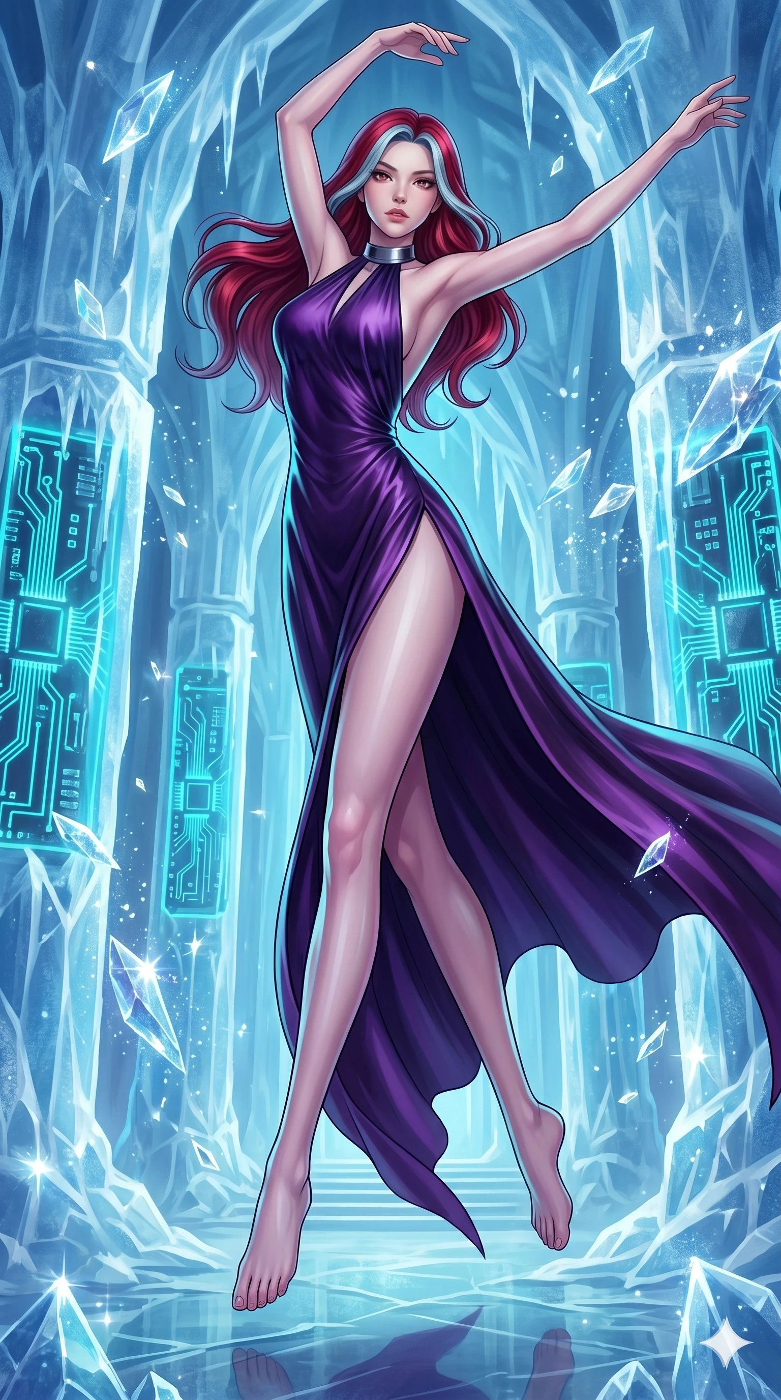 score_9, masterpiece, best quality, ultra-detailed, high-budget anime keyframe, Caucasian woman, strictly human ears. low angle full-body shot filling the entire 9:16 frame with her statuesque presence, stretching the vertical silhouette. leaping inside a sub-zero cybernetic ice temple, where glowing neon cyan computer circuit boards are frozen within transparent ice pillars, fracturing ice crystals into sparkles around her. She has an absolutely perfect 8-heads proportion, an exceptionally tall and slender female figure with impossibly long slender legs and an ultra-slim waist. V-shaped jawline, high-bridge nose, intricate jewel-like eyes with depth, thick eyelashes, glossy lips with a natural sheen.. wearing a gothic liquid silk gown, featuring a deep purple liquid silk maxi gown draped around her, secured by a metallic choker collar, with a high side slit. accented by dynamic color-blocked lighting with high-contrast shadows emphasizing her statuesque height. 2k, ultra detail, master piece, 9:16 ratio